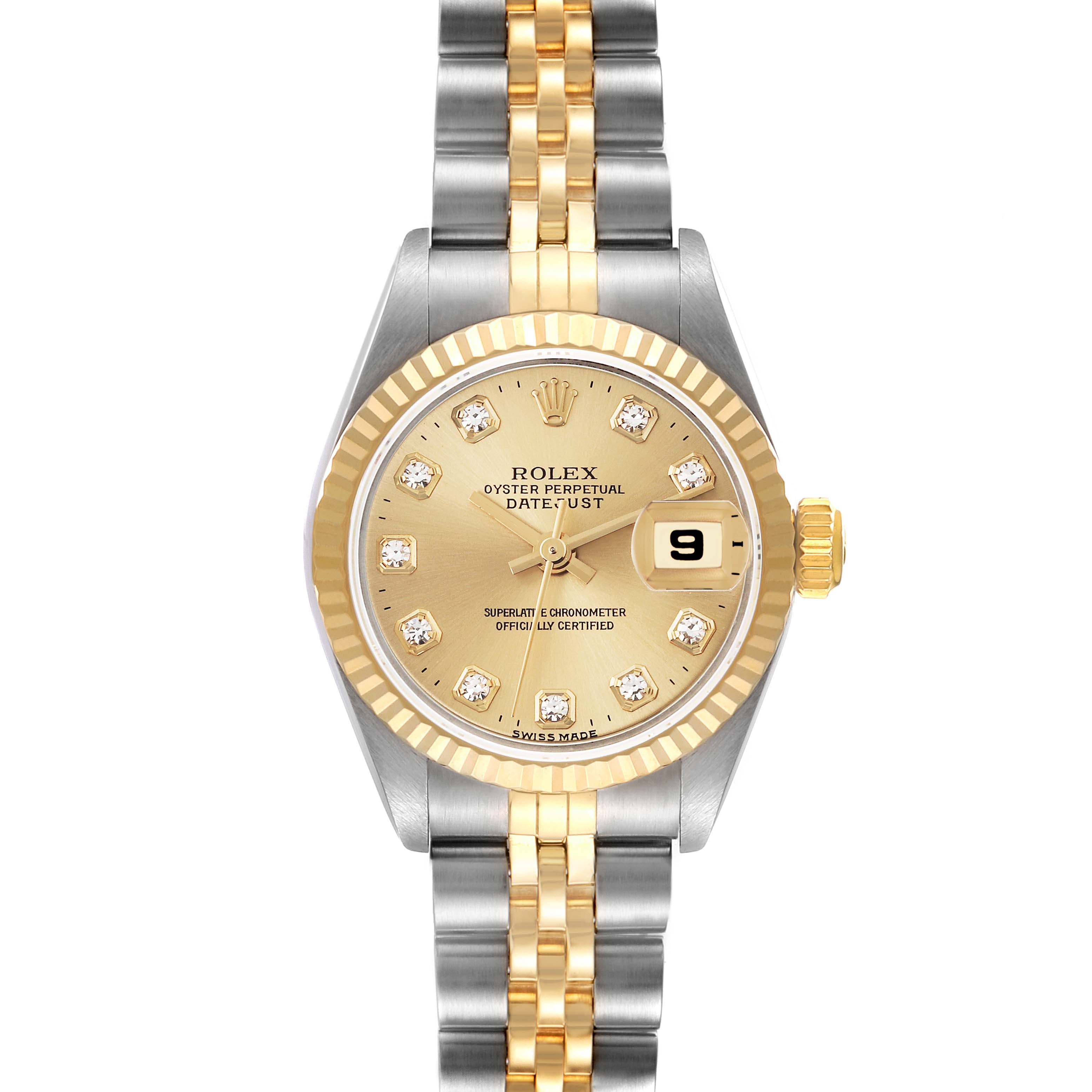 The Rolex Datejust 69173 Women's Steel and Gold (two tone) Champagne Dial 69173 Women's Steel and Gold (two tone) Champagne Dial watch is shown from a top-down angle, highlighting the face, bezel, crown, and bracelet.