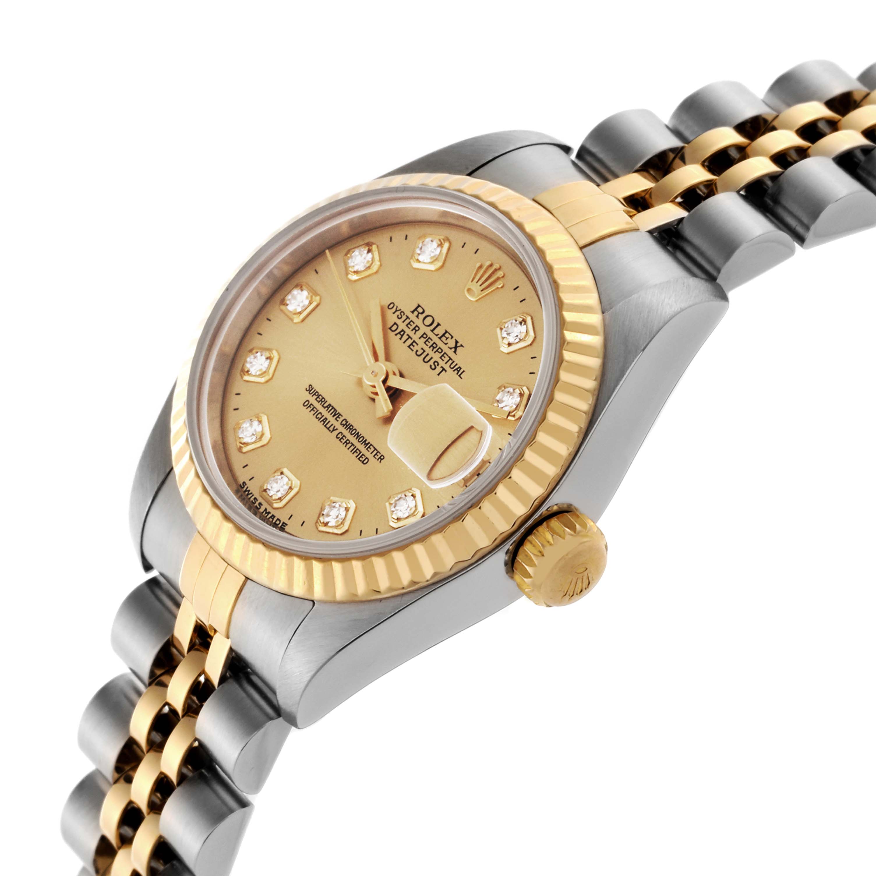 The Rolex Datejust 69173 Women's Steel and Gold (two tone) Champagne Dial 69173 Women's Steel and Gold (two tone) Champagne Dial watch is shown at a side angle, highlighting the gold bezel, face, crown, and two-tone jubilee bracelet.