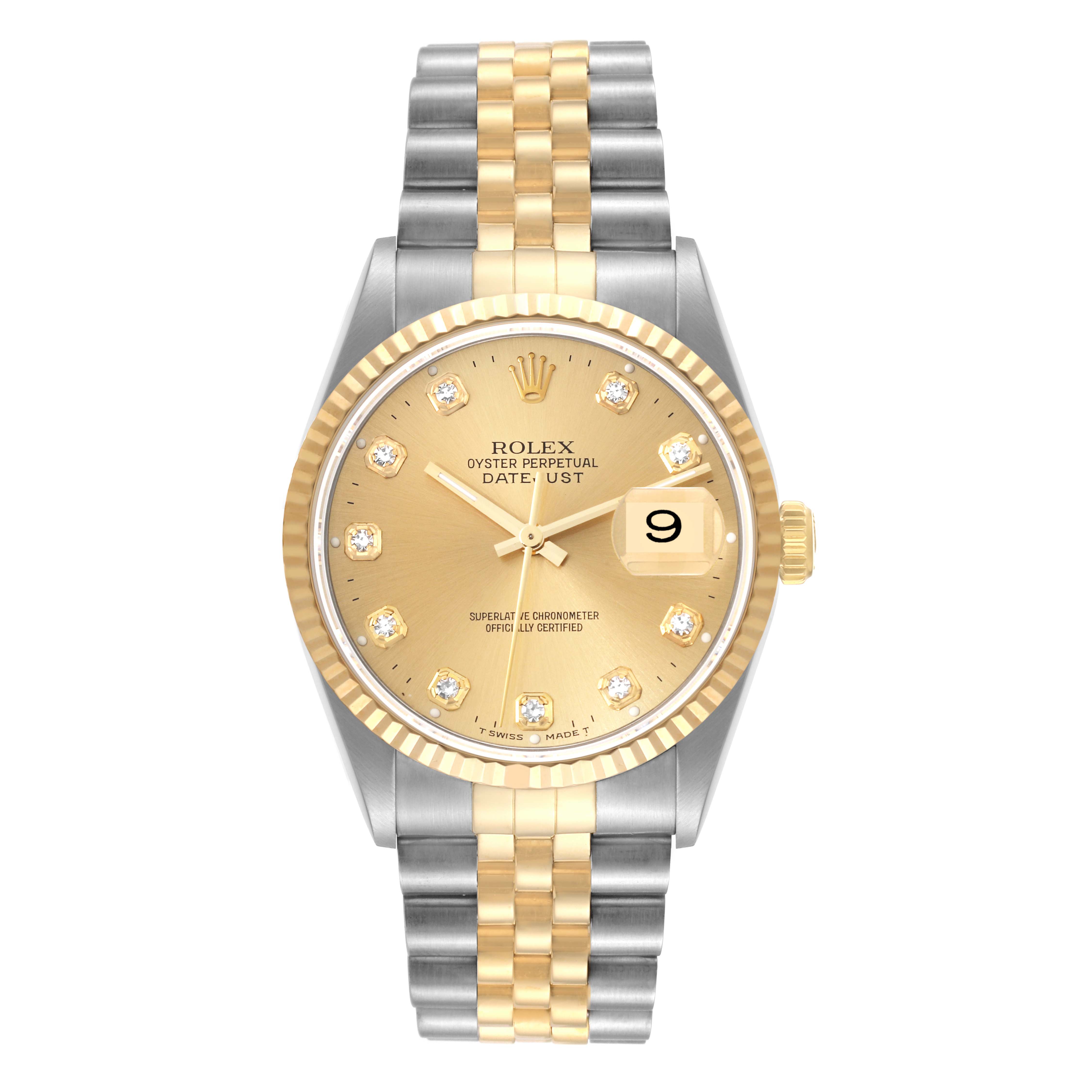 This Rolex Datejust 16233 Men's Steel and Gold (two tone) Champagne Dial 16233 Men's Steel and Gold (two tone) Champagne Dial watch is shown from a front angle, featuring the dial, bezel, case, and bracelet.