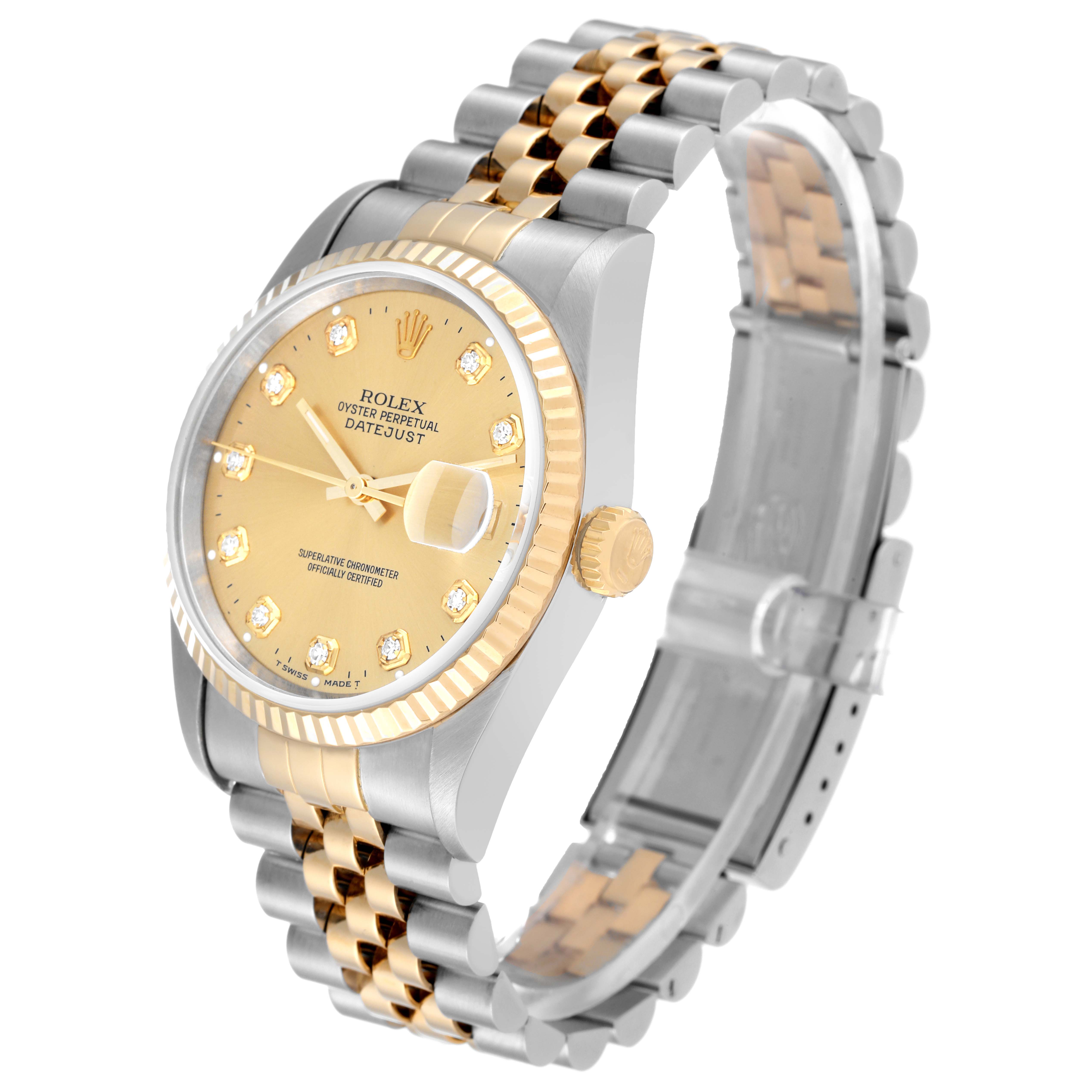 The image shows a diagonal angle of the Rolex Datejust 16233 Men's Steel and Gold (two tone) Champagne Dial 16233 Men's Steel and Gold (two tone) Champagne Dial watch, highlighting its gold dial, fluted bezel, and two-tone jubilee bracelet.