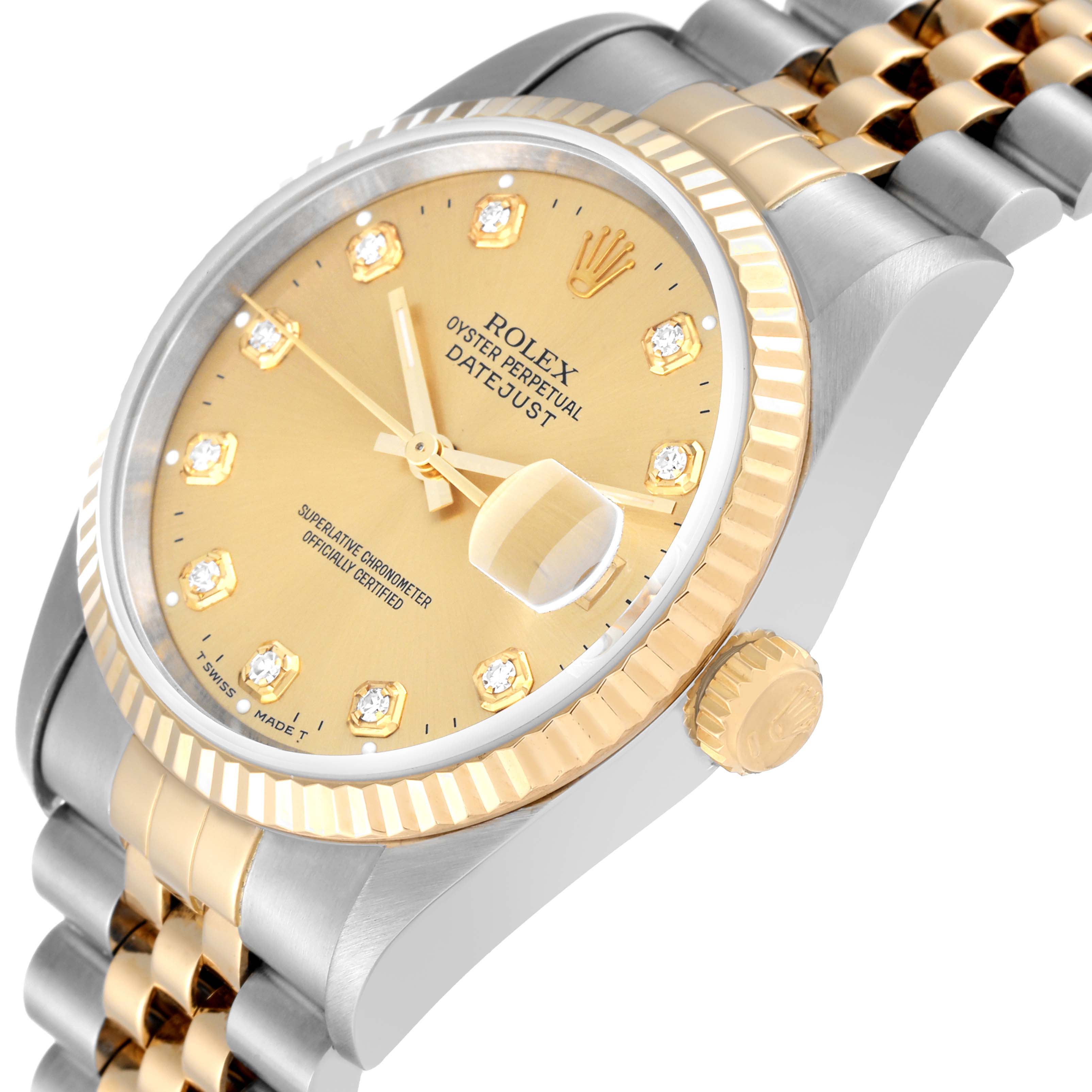 This image shows a close-up, angled view of the dial, bezel, crown, and part of the bracelet of a Rolex Datejust 16233 Men's Steel and Gold (two tone) Champagne Dial 16233 Men's Steel and Gold (two tone) Champagne Dial watch.