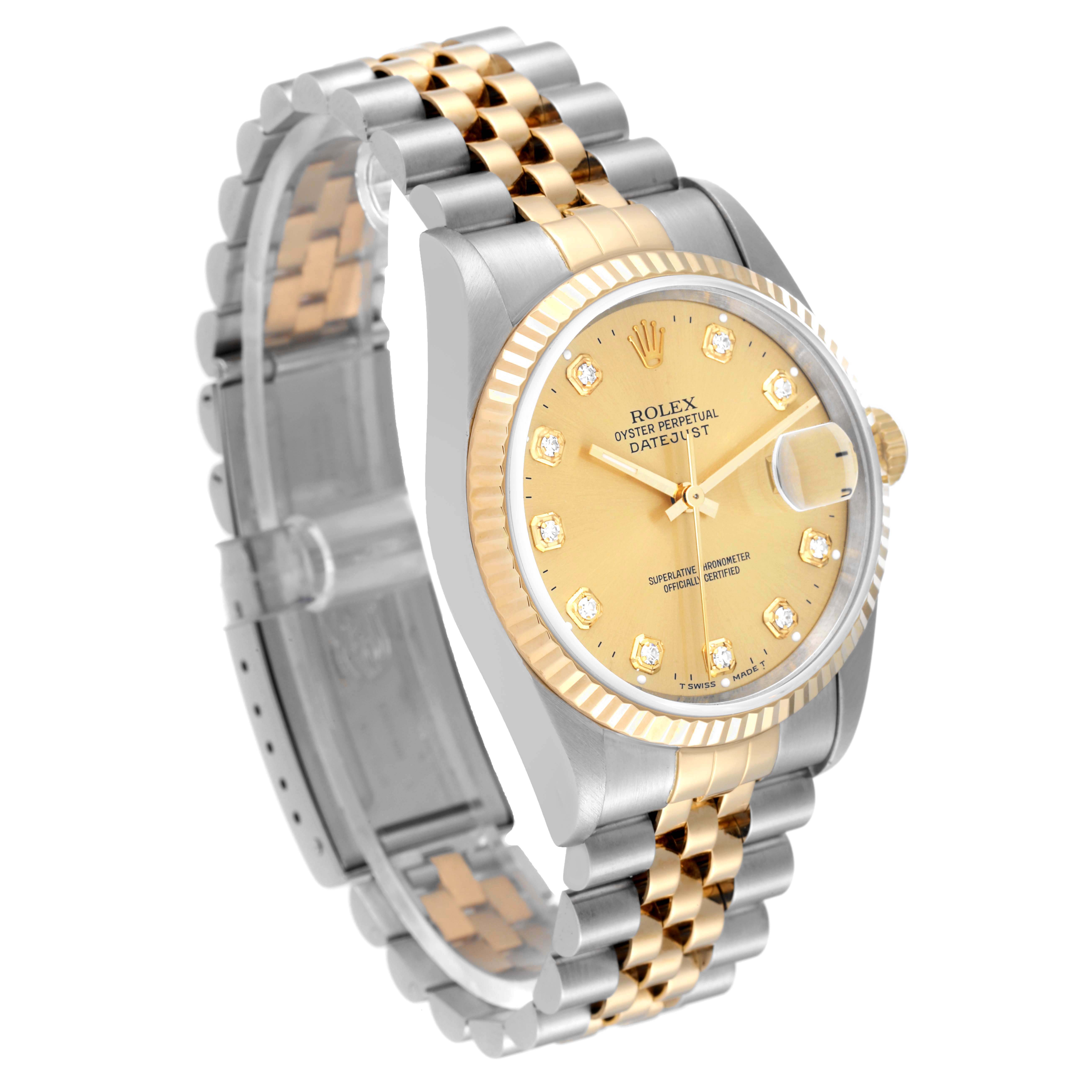 The image shows a Rolex Datejust 16233 Men's Steel and Gold (two tone) Champagne Dial 16233 Men's Steel and Gold (two tone) Champagne Dial watch at a slight angle, featuring its dial, bezel, and part of its bracelet.