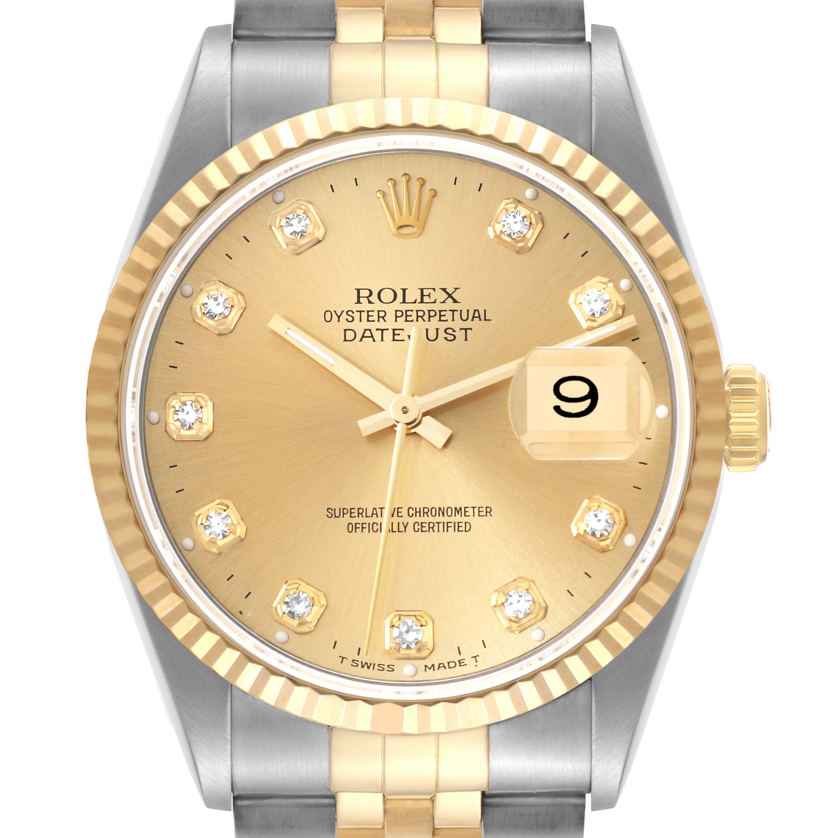 This image shows the front view of a Rolex Datejust 16233 Men's Steel and Gold (two tone) Champagne Dial 16233 Men's Steel and Gold (two tone) Champagne Dial watch, highlighting its dial, bezel, and part of the bracelet.