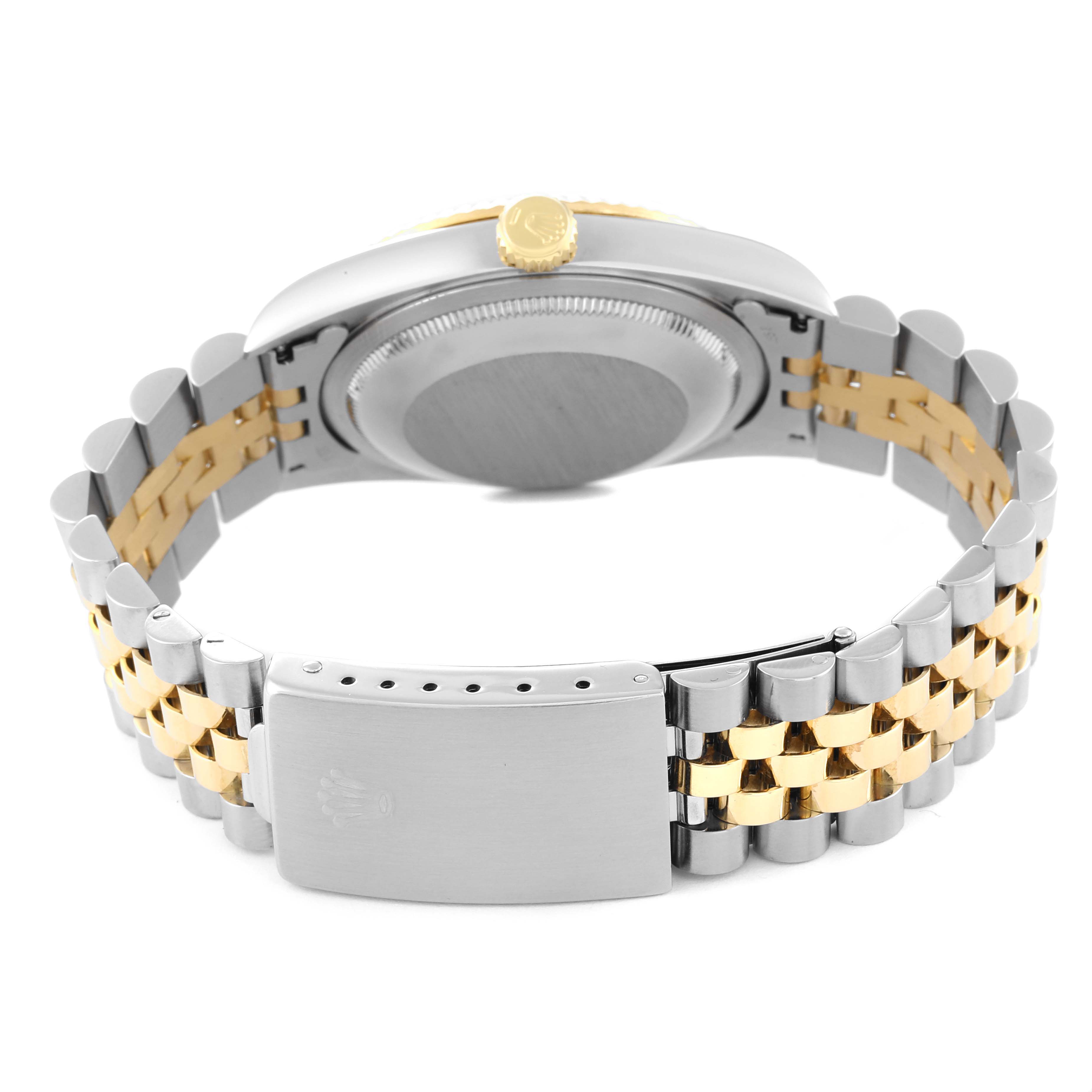 This image shows the back view of a Rolex Datejust 16233 Men's Steel and Gold (two tone) Champagne Dial 16233 Men's Steel and Gold (two tone) Champagne Dial watch, focusing on the case back and the two-tone bracelet.