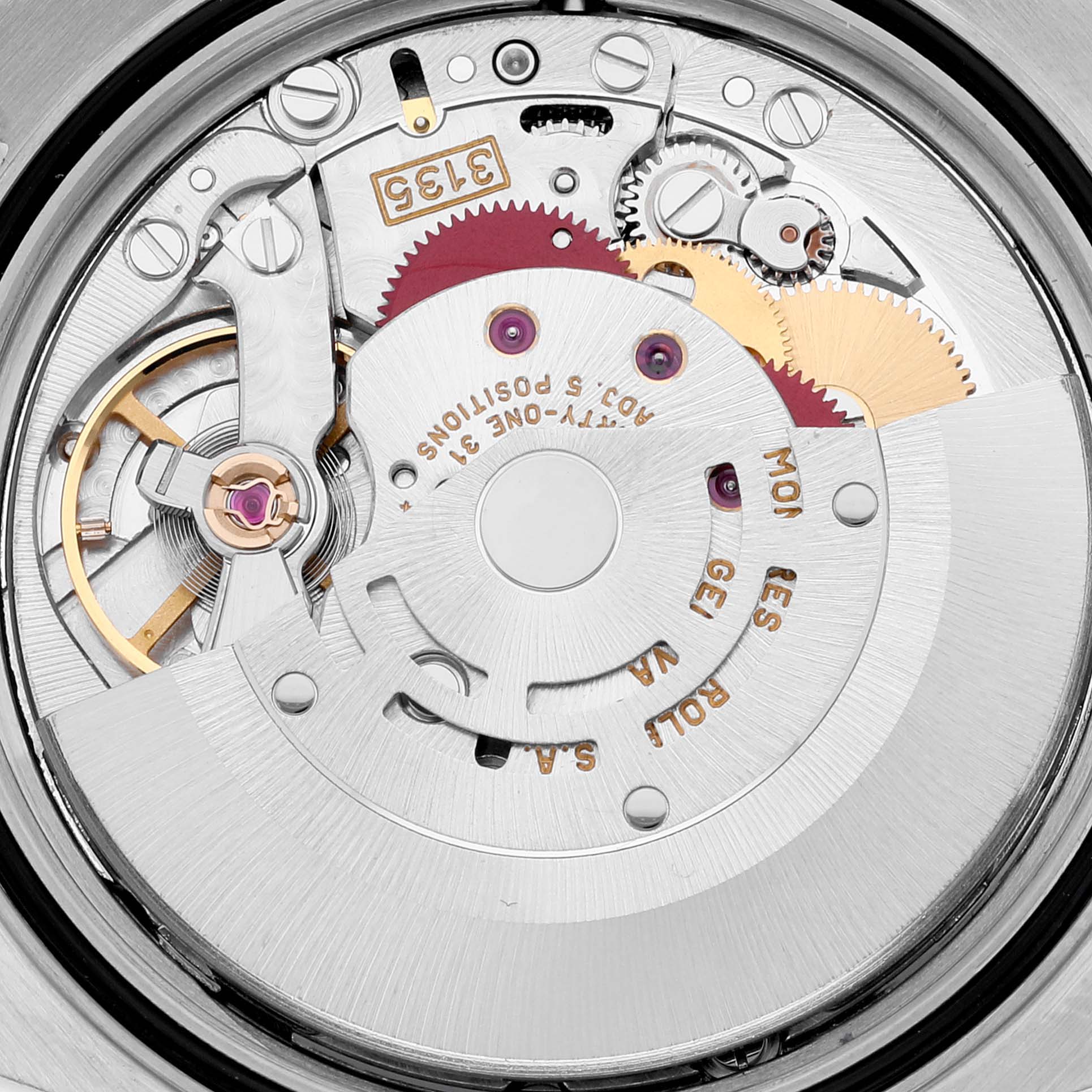 This image shows the inner movement mechanism of a Rolex Datejust 16233 Men's Steel and Gold (two tone) Champagne Dial 16233 Men's Steel and Gold (two tone) Champagne Dial watch from a close-up, top-down angle.