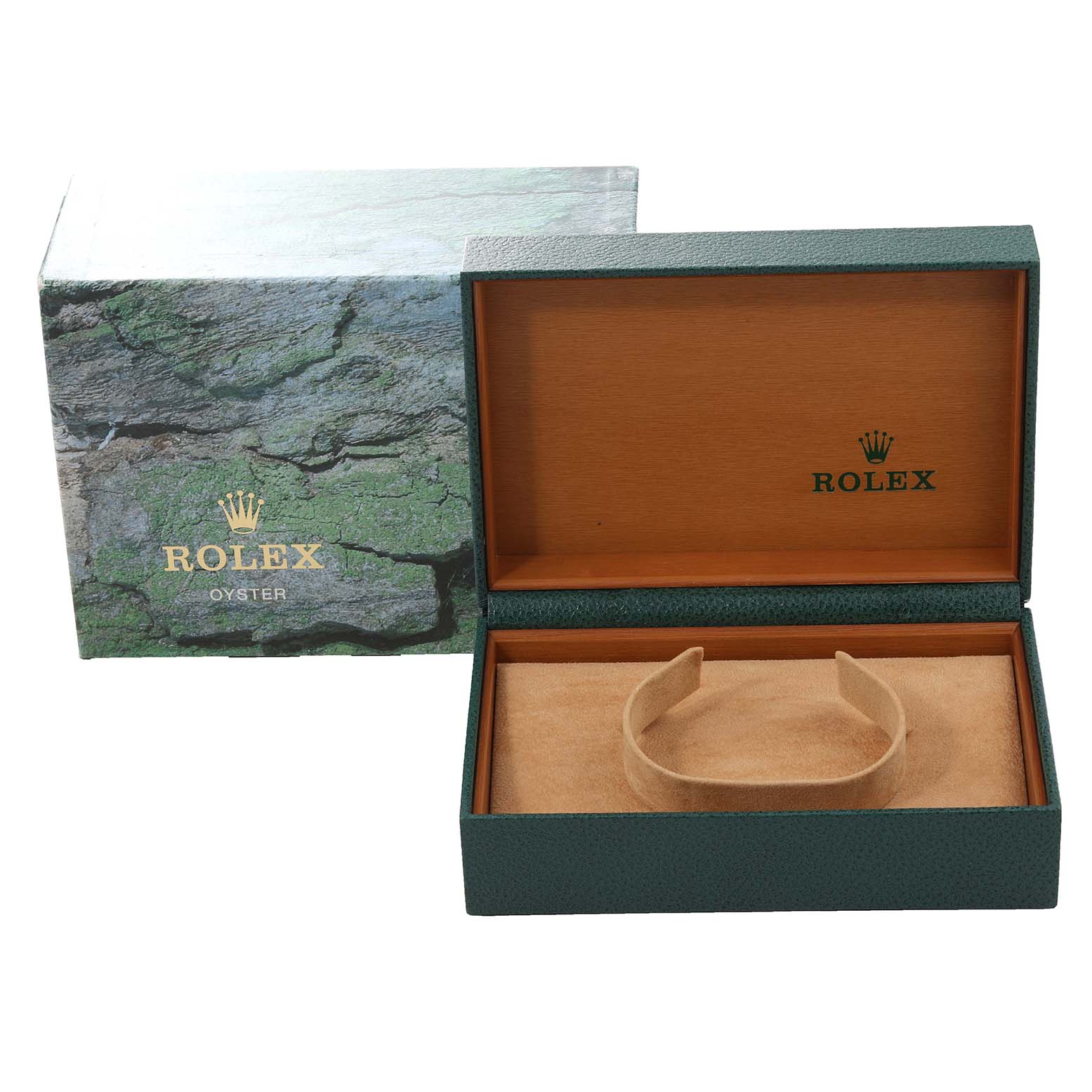 This image shows an open Rolex Datejust 16233 Men's Steel and Gold (two tone) Champagne Dial 16233 Men's Steel and Gold (two tone) Champagne Dial watch box with a cushion, alongside its outer packaging.