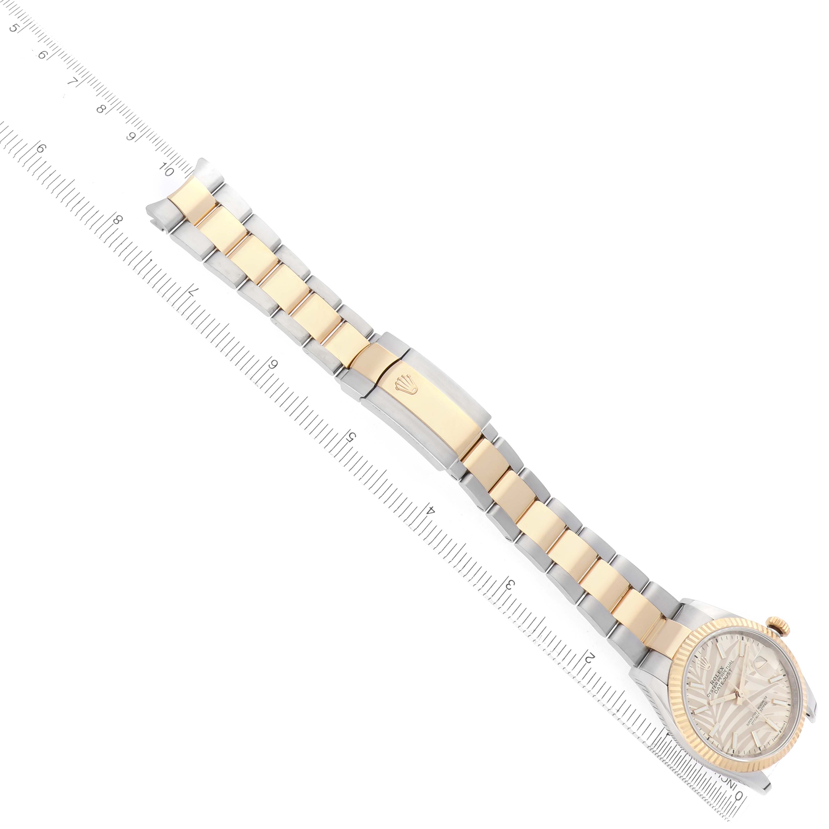 The Rolex Datejust 126233 Men's Steel and Gold (two tone) Yellow Dial watch is shown from an angled top view, highlighting the dial and two-tone bracelet.