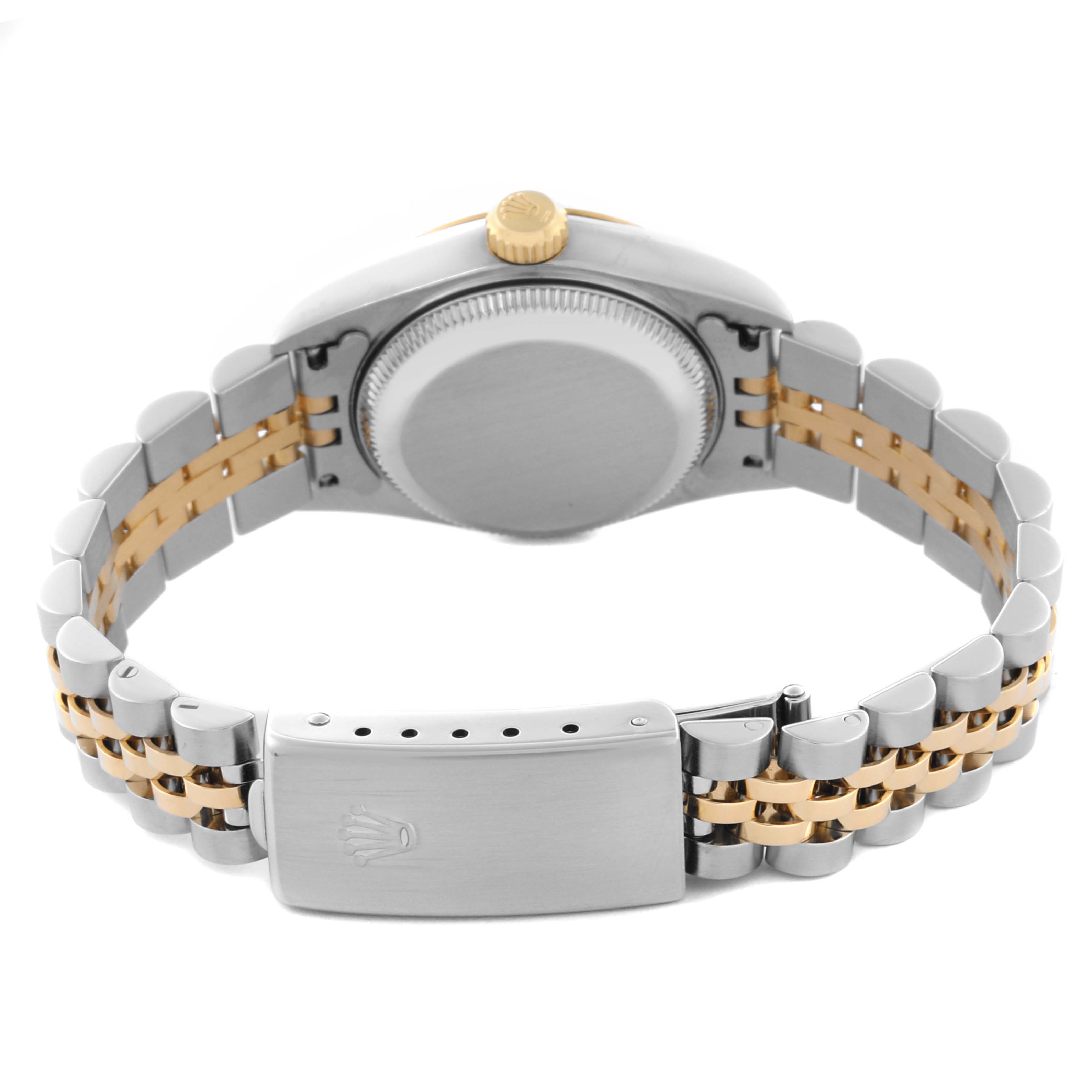 The image shows the back view of a Rolex Datejust 79173 Women's Steel and Gold (two tone) Beige Dial 79173 Women's Steel and Gold (two tone) Beige Dial watch, highlighting the clasp, bracelet, and case back.