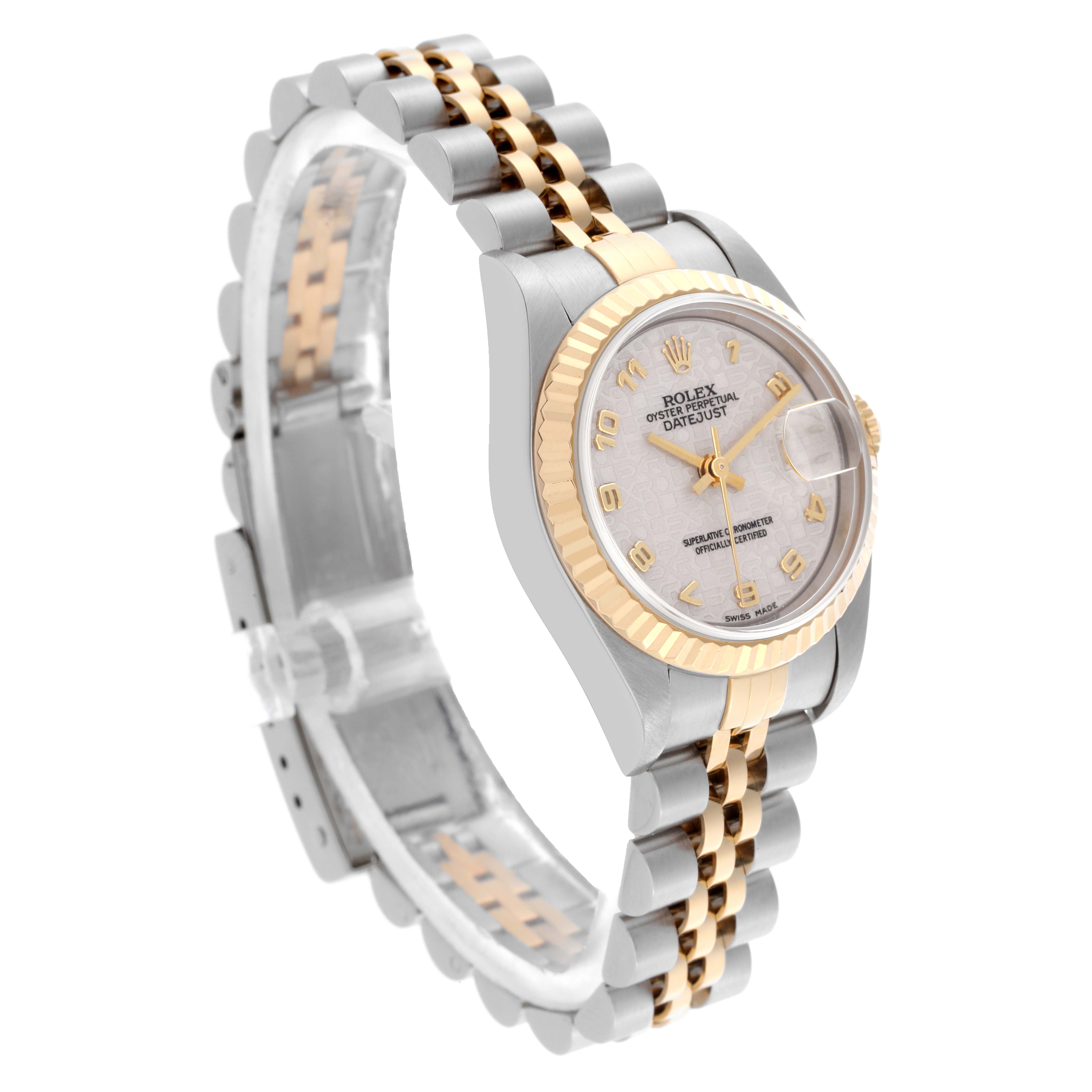 The Rolex Datejust 79173 Women's Steel and Gold (two tone) Beige Dial 79173 Women's Steel and Gold (two tone) Beige Dial watch is shown at a three-quarter angle, highlighting the jubilee bracelet and fluted bezel.