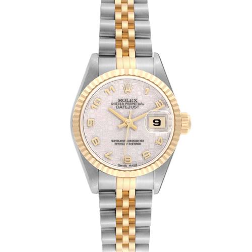 The watch is a Rolex Datejust displayed from the front, showing the dial, bezel, and bracelet.