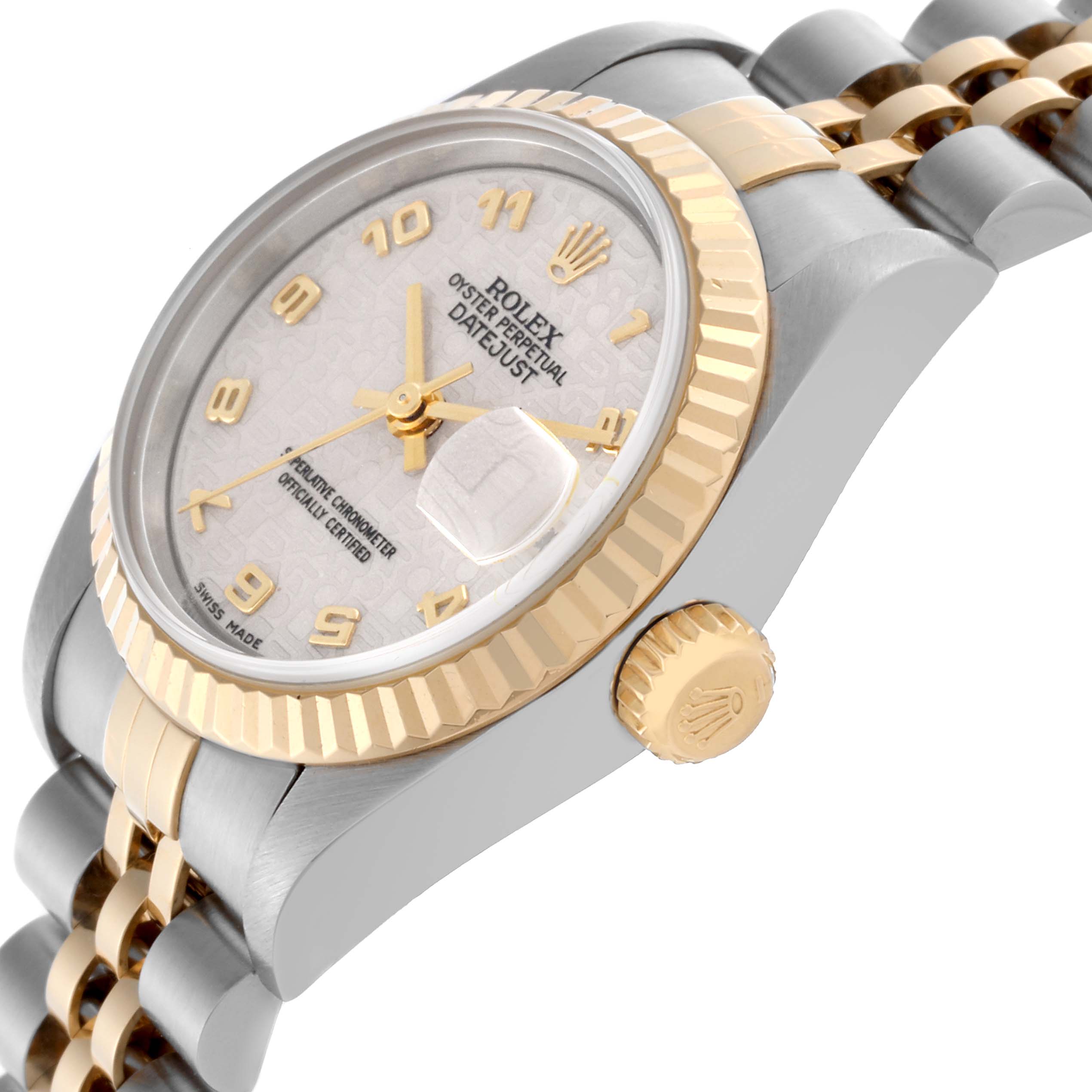 The image shows a side angle of the Rolex Datejust 79173 Women's Steel and Gold (two tone) Beige Dial 79173 Women's Steel and Gold (two tone) Beige Dial, highlighting the crown, bezel, dial, and part of the bracelet.