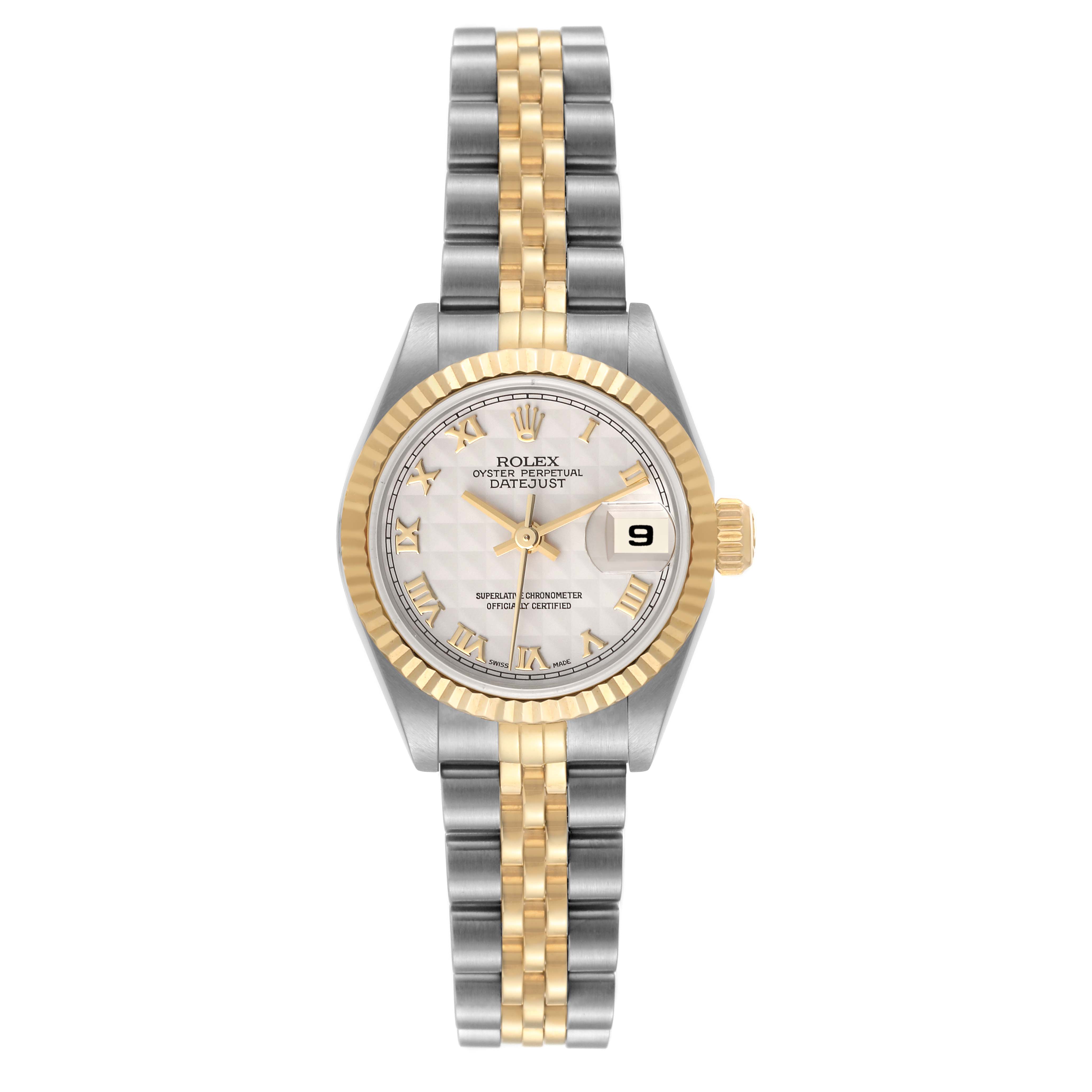 This is a front view of a Rolex Datejust 69173 Women's Steel and Gold (two tone) White Dial 69173 Women's Steel and Gold (two tone) White Dial model watch, showing the dial, bezel, and bracelet.
