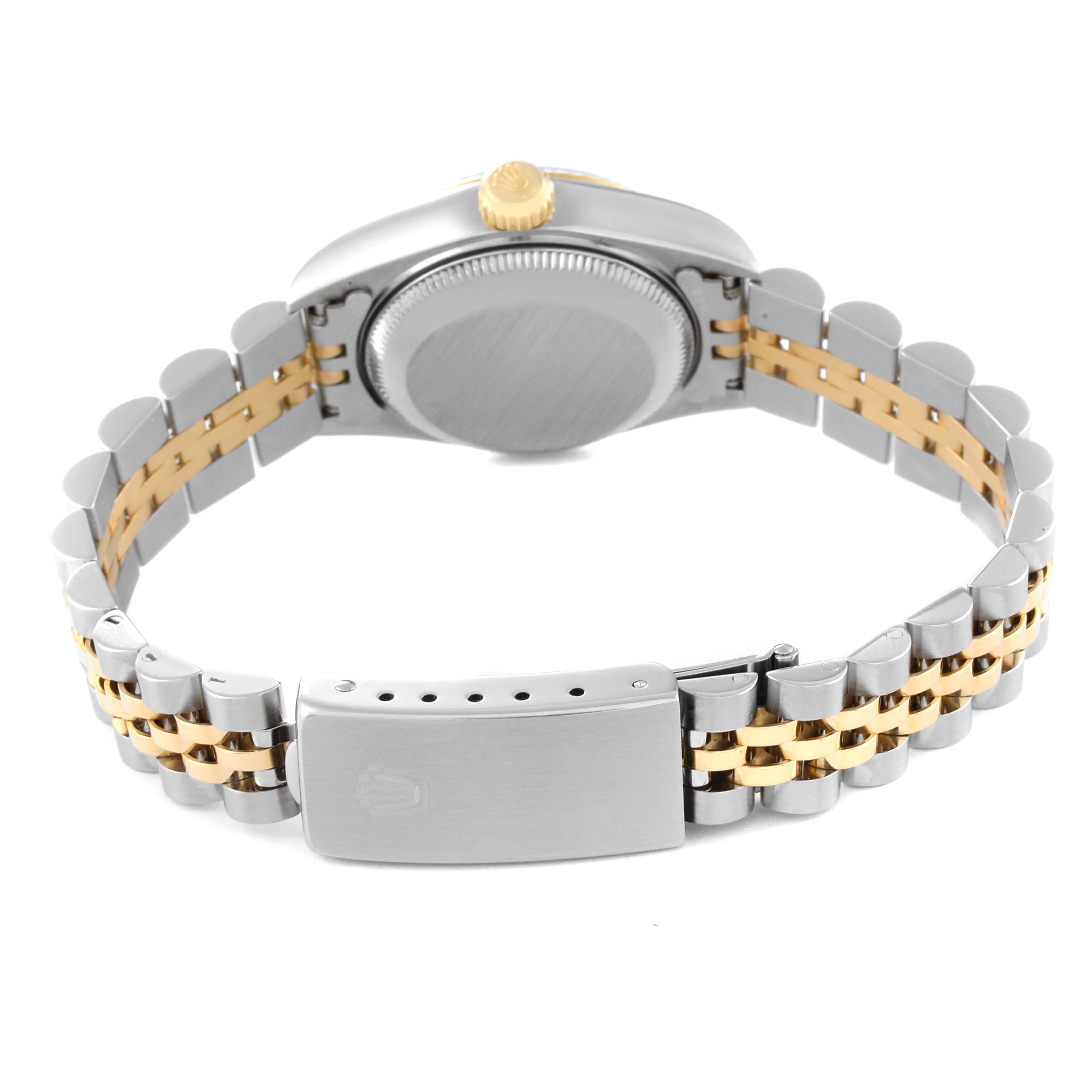 This image shows the back view of the Rolex Datejust 69173 Women's Steel and Gold (two tone) White Dial 69173 Women's Steel and Gold (two tone) White Dial watch, highlighting the case back, jubilee bracelet, and clasp.