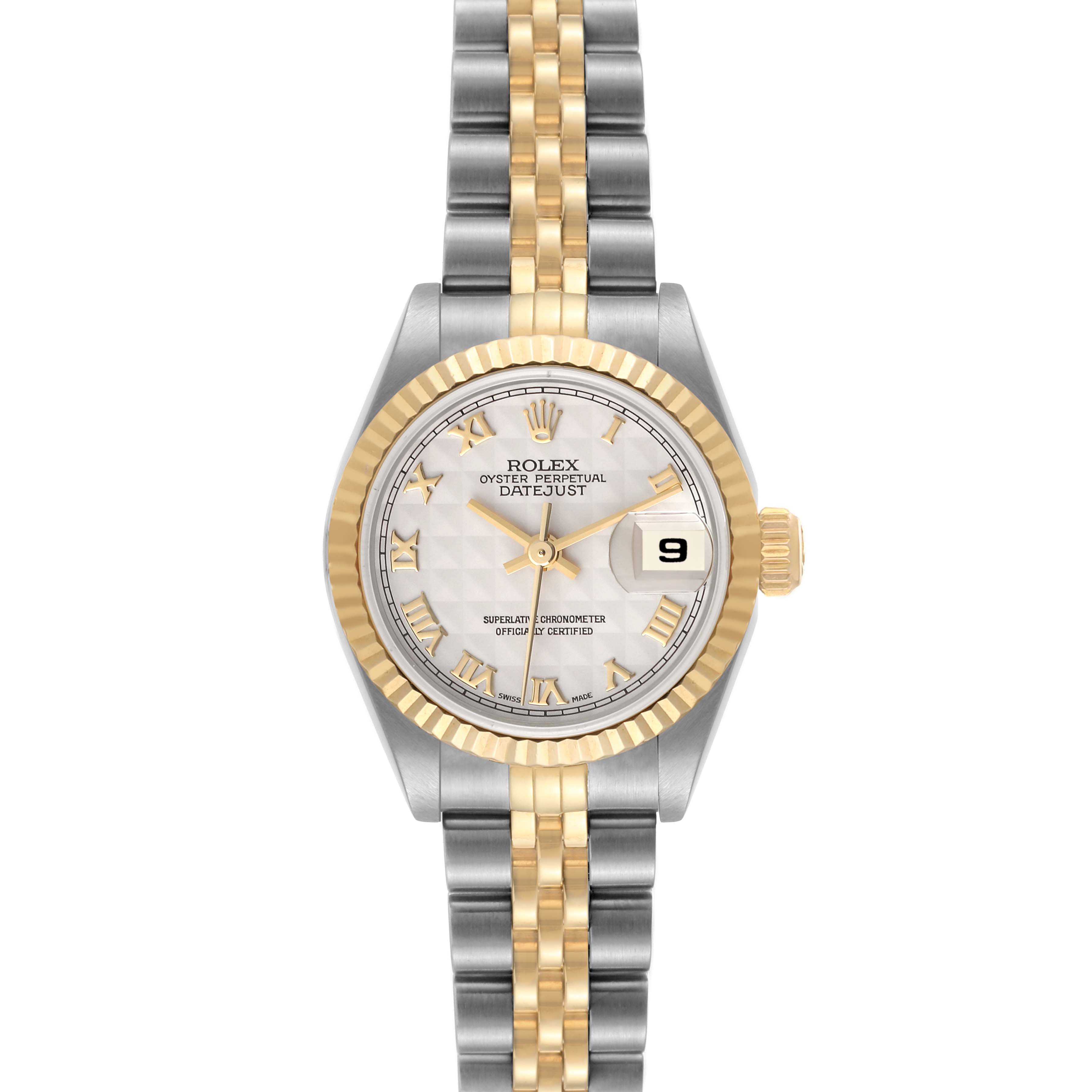 The image shows a Rolex Datejust 69173 Women's Steel and Gold (two tone) White Dial 69173 Women's Steel and Gold (two tone) White Dial watch from a front angle, highlighting its face, bezel, crown, and two-tone bracelet.