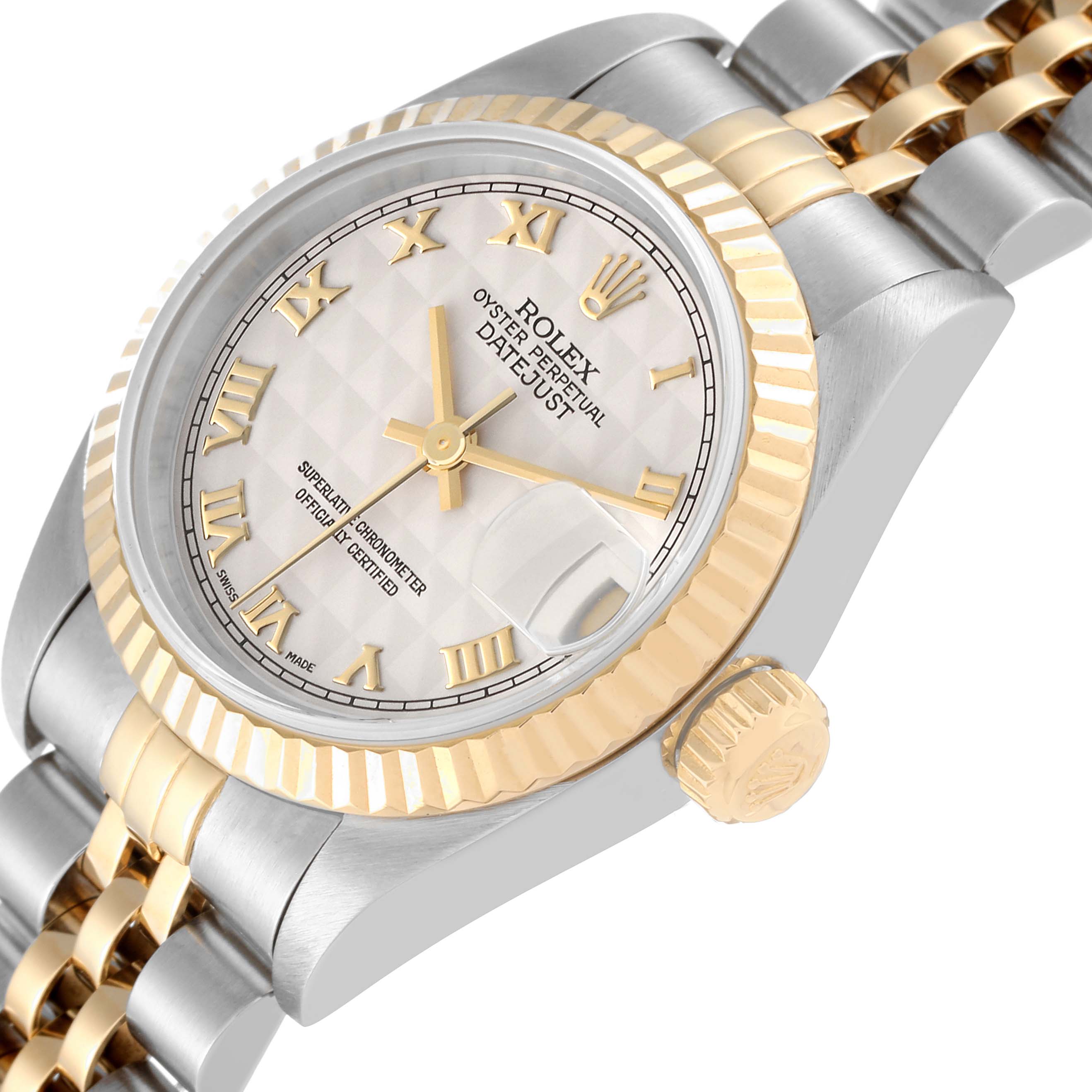 The image shows a Rolex Datejust 69173 Women's Steel and Gold (two tone) White Dial 69173 Women's Steel and Gold (two tone) White Dial watch at an angled side view, highlighting the bezel, dial, crown, and bracelet.