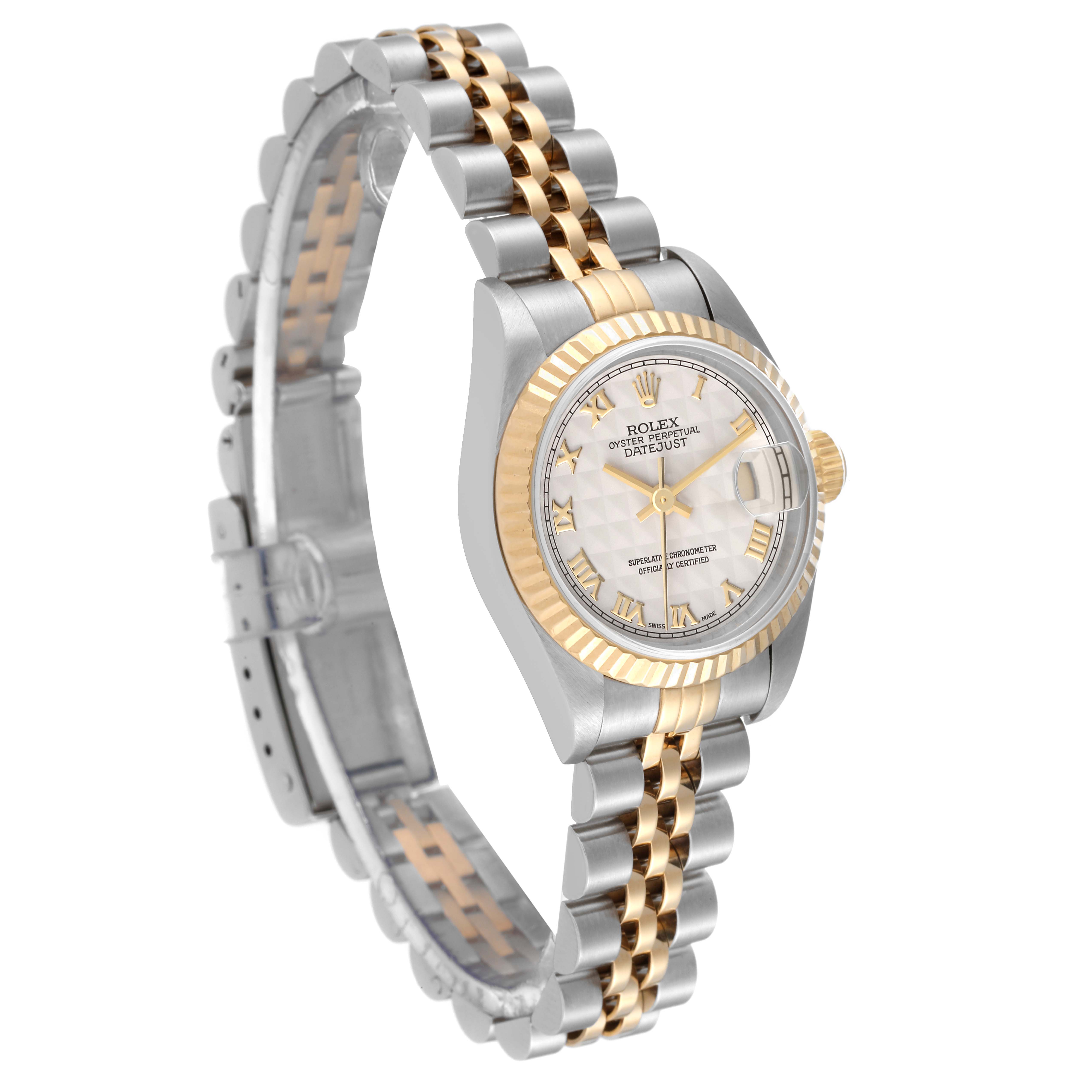 This image shows a side angle of a Rolex Datejust 69173 Women's Steel and Gold (two tone) White Dial 69173 Women's Steel and Gold (two tone) White Dial watch, displaying the face, bezel, and two-tone jubilee bracelet.