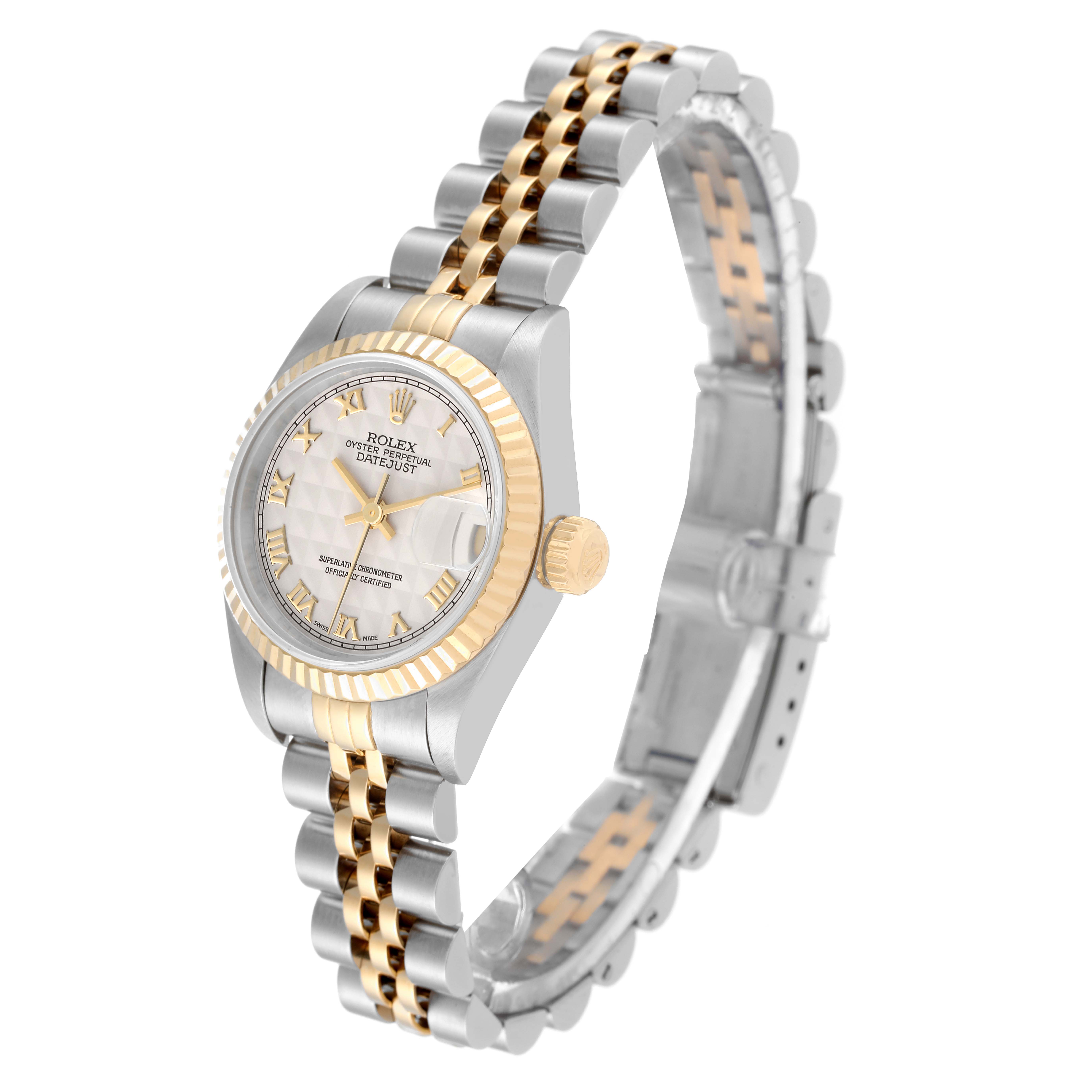 The Rolex Datejust 69173 Women's Steel and Gold (two tone) White Dial 69173 Women's Steel and Gold (two tone) White Dial watch is shown at a three-quarter angle, highlighting its face, fluted bezel, crown, and two-tone bracelet.