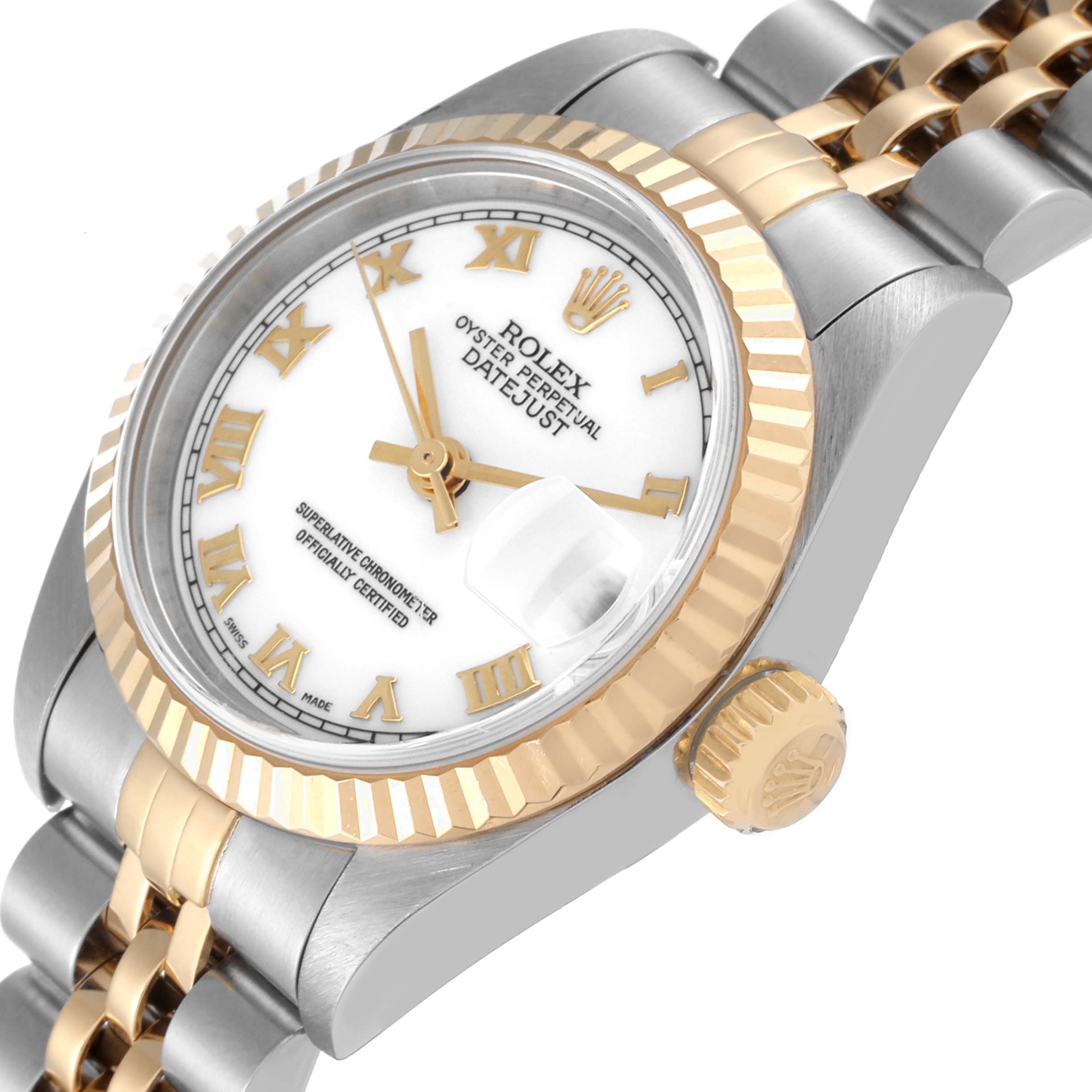 The image shows a close-up angle of the Rolex Datejust 79173 Women's Steel and Gold (two tone) White Dial 79173 Women's Steel and Gold (two tone) White Dial watch, highlighting the dial, bezel, crown, and part of the bracelet.
