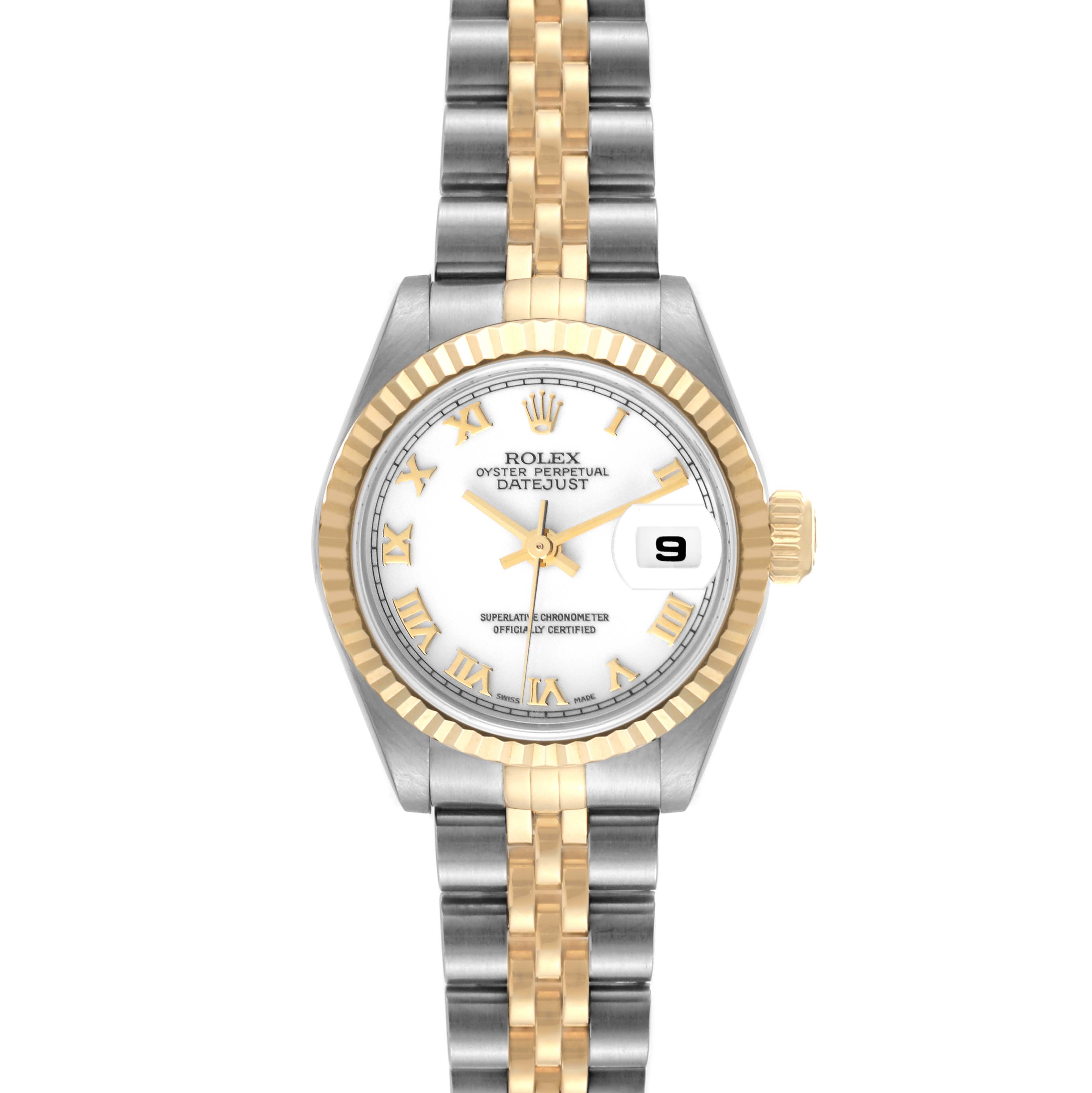 This image shows a straight-on view of a Rolex Datejust 79173 Women's Steel and Gold (two tone) White Dial 79173 Women's Steel and Gold (two tone) White Dial watch with a two-tone bracelet and fluted bezel.