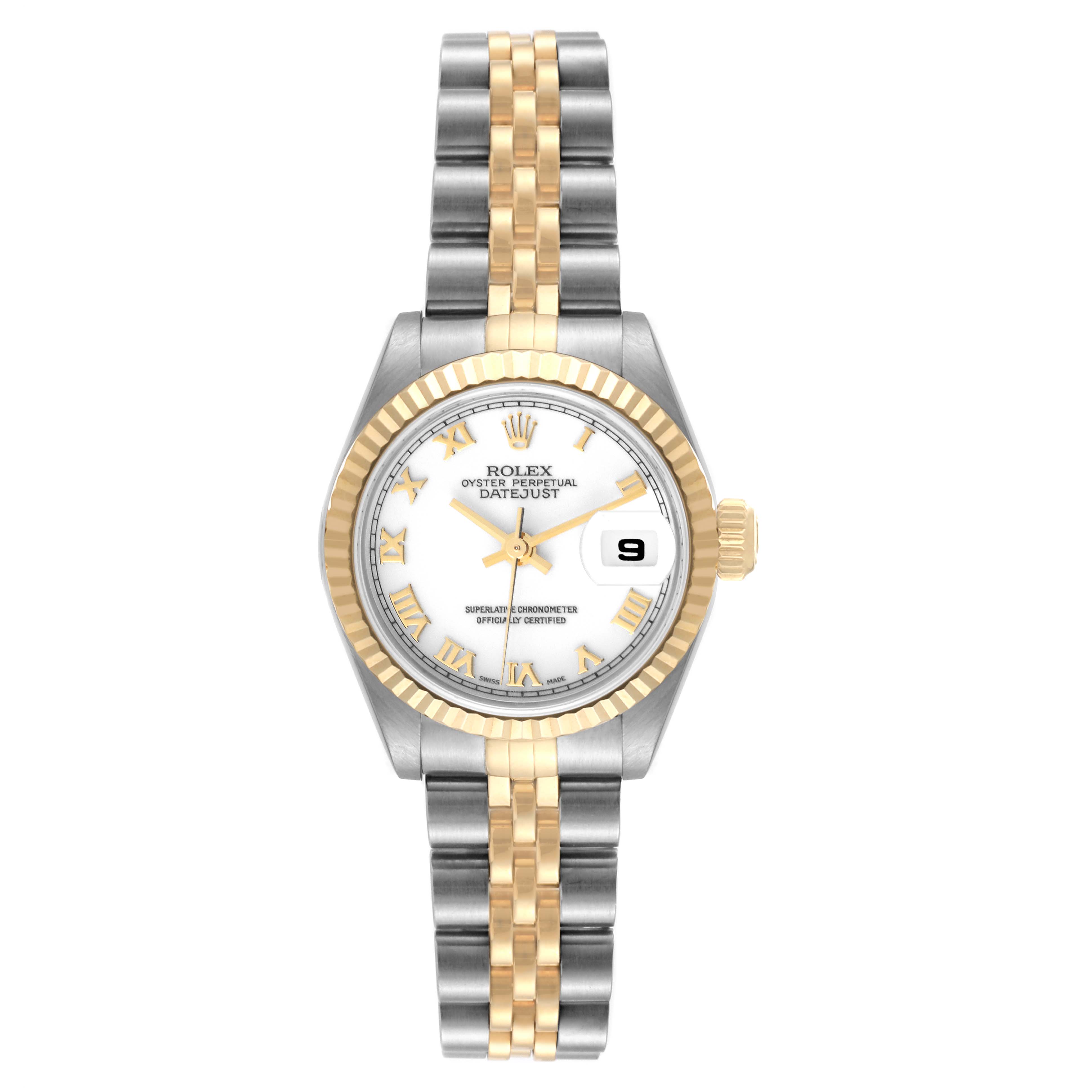 This image shows a front view of a Rolex Datejust 79173 Women's Steel and Gold (two tone) White Dial 79173 Women's Steel and Gold (two tone) White Dial watch, including its dial, bezel, and two-tone bracelet.