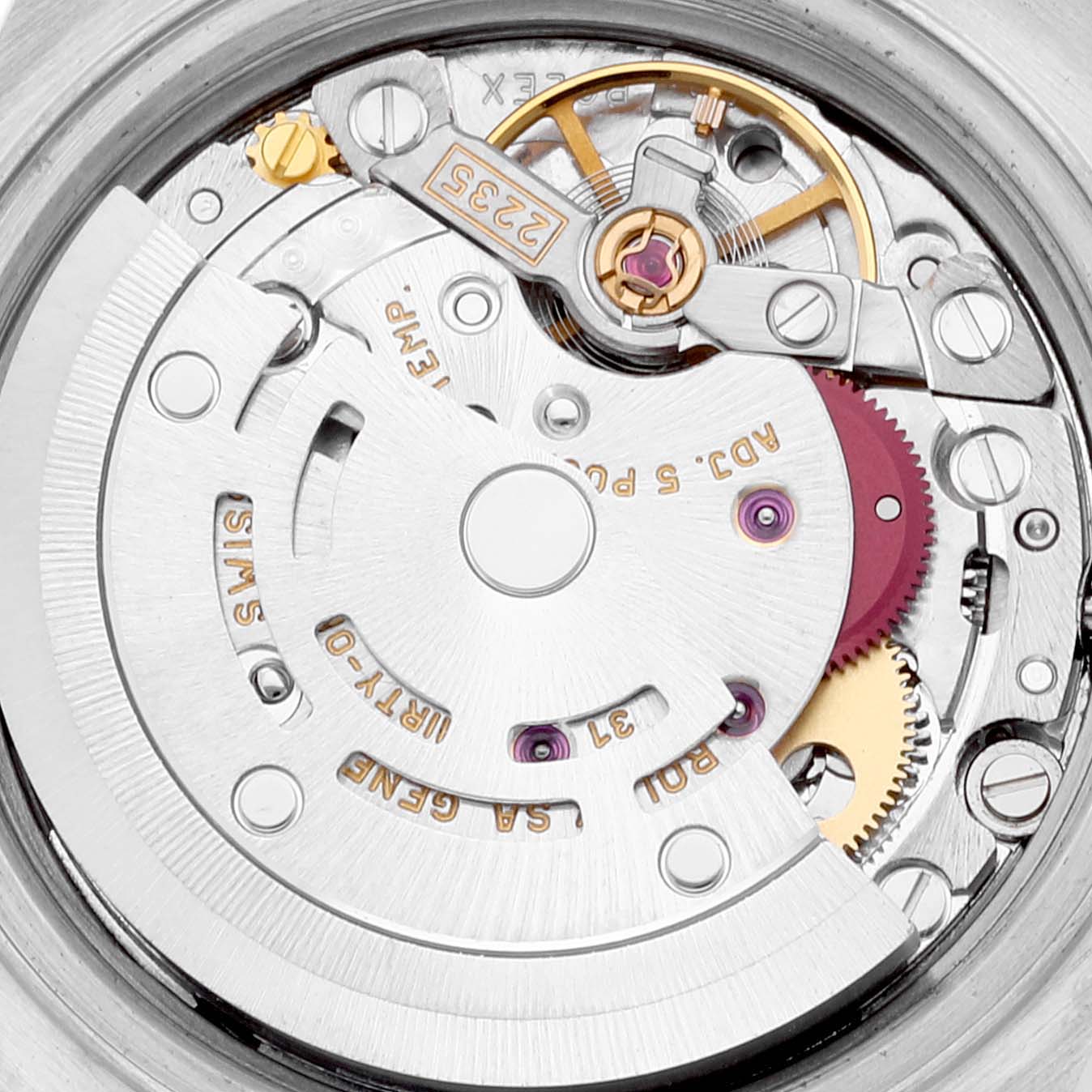 The image shows the inner mechanical movement of a Rolex Datejust 79173 Women's Steel and Gold (two tone) White Dial 79173 Women's Steel and Gold (two tone) White Dial watch.