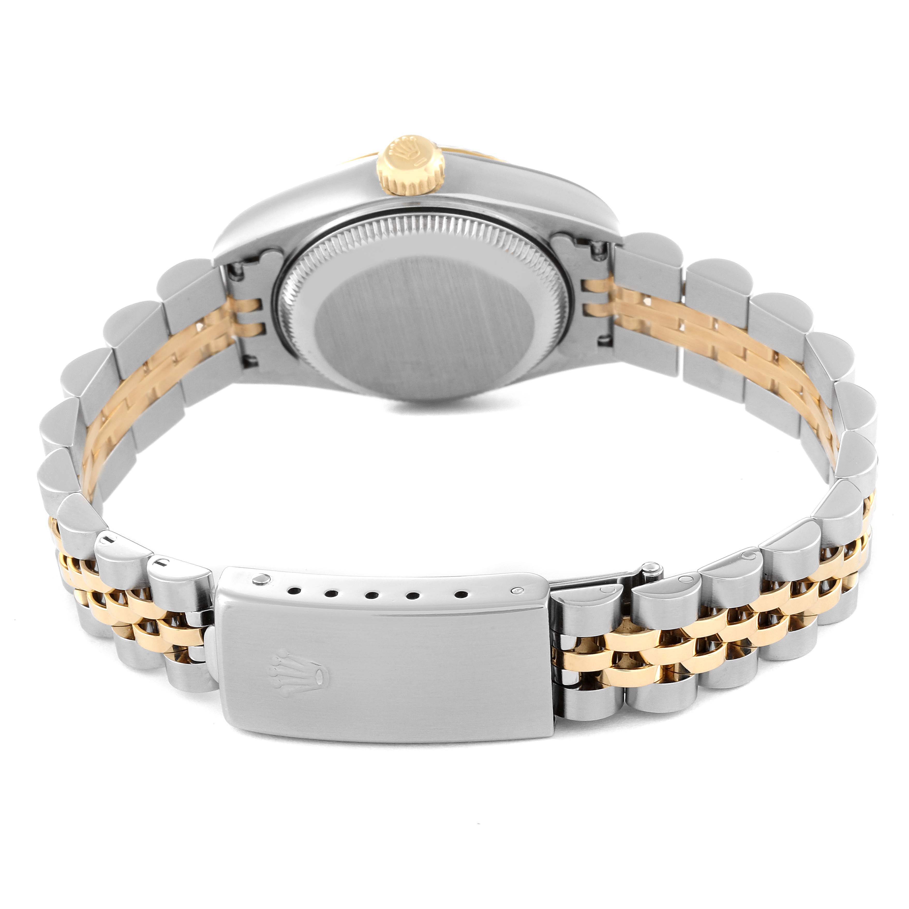 The image shows the back view of a Rolex Datejust 79173 Women's Steel and Gold (two tone) White Dial 79173 Women's Steel and Gold (two tone) White Dial watch, highlighting the bracelet and clasp.