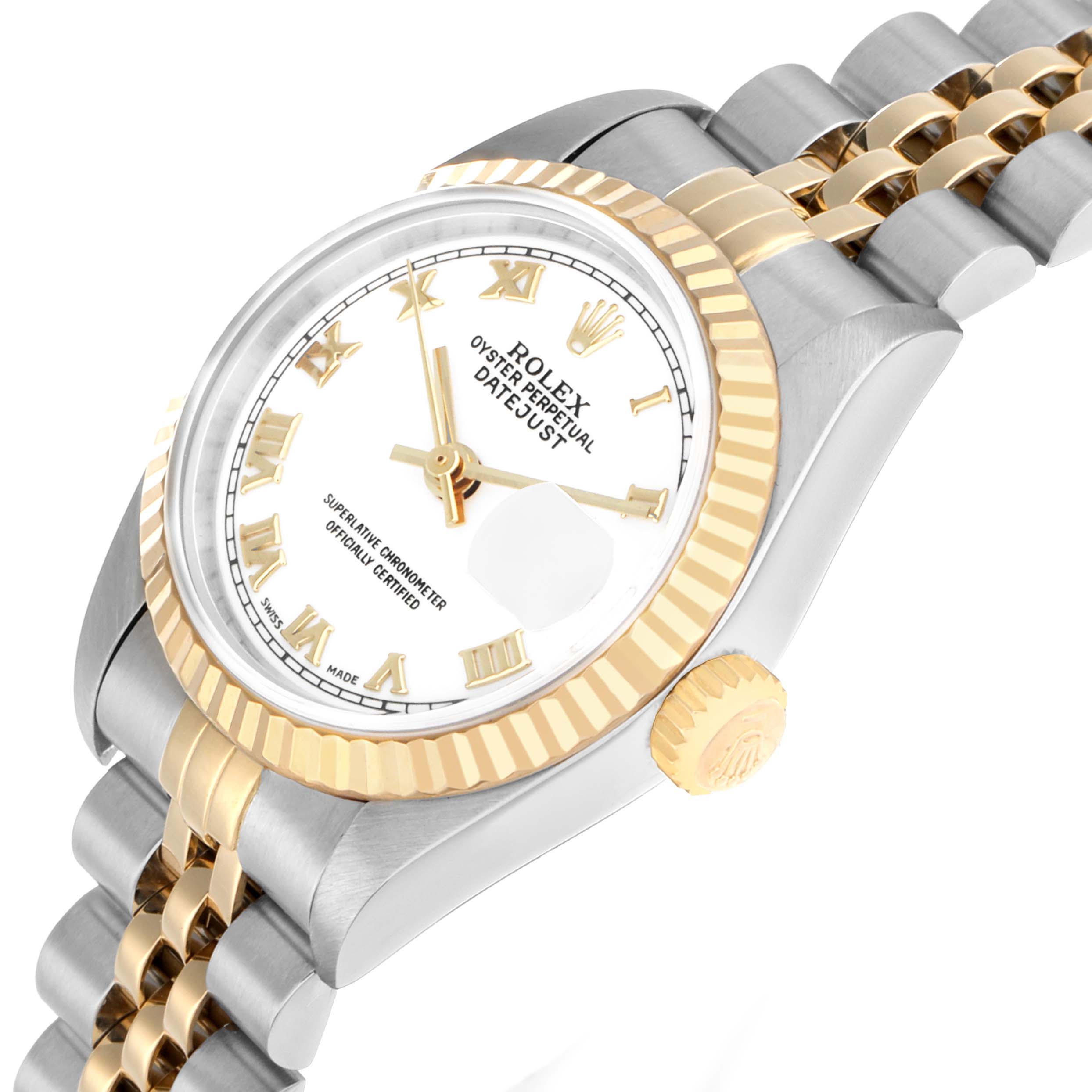 The Rolex Datejust 69173 Women
s Steel and Gold (two tone) White Dial watch is shown at a three-quarter angle, highlighting the face, bezel, crown, and bracelet.