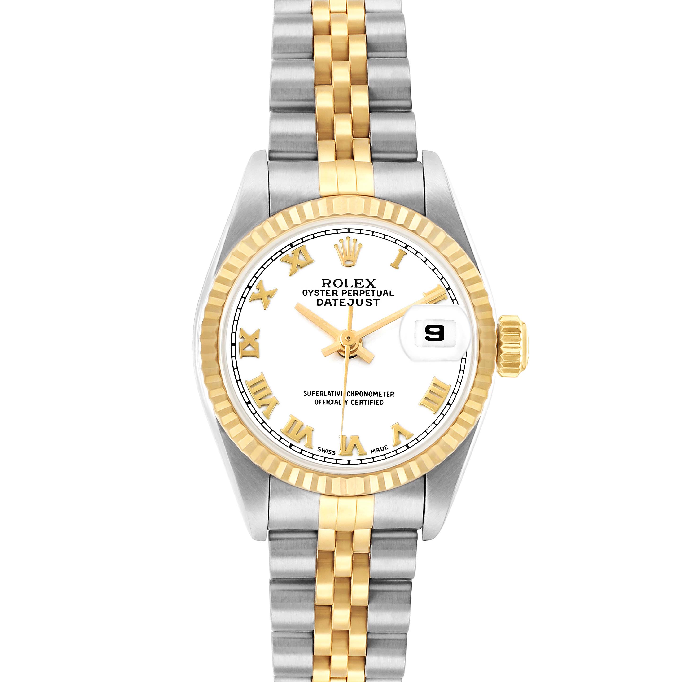 The Rolex Datejust 69173 Women
s Steel and Gold (two tone) White Dial watch is shown from a top-down angle, highlighting its two-tone bracelet, fluted bezel, and date display.