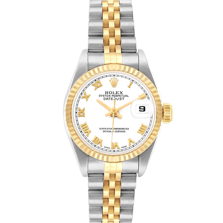 The Rolex Datejust 69173 Women's Steel and Gold (two tone) White Dial watch is shown from a top-down angle, highlighting its two-tone bracelet, fluted bezel, and date display.
