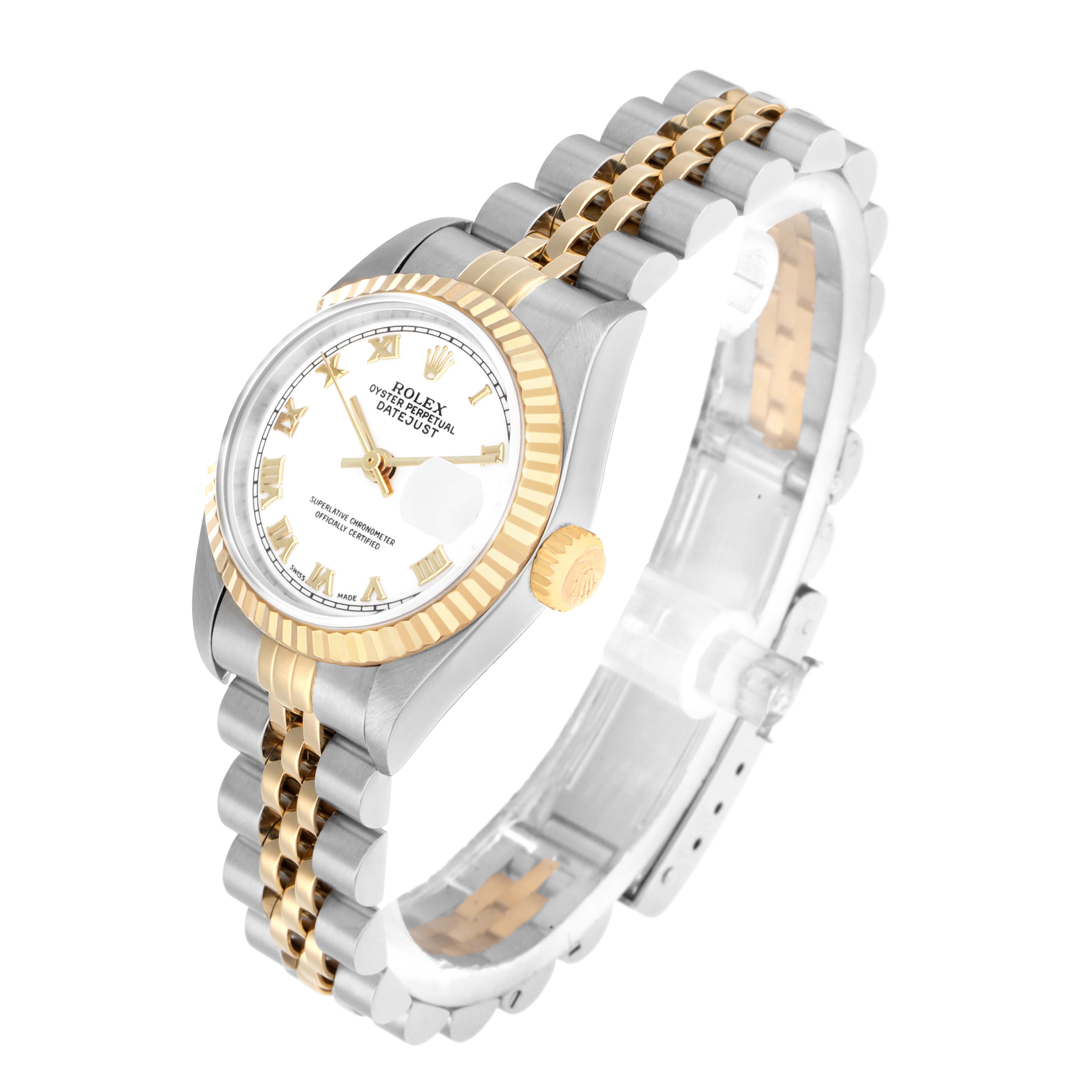 The Rolex Datejust 69173 Women
s Steel and Gold (two tone) White Dial watch is shown at a three-quarter view, displaying the face, gold fluted bezel, crown, and Jubilee bracelet.