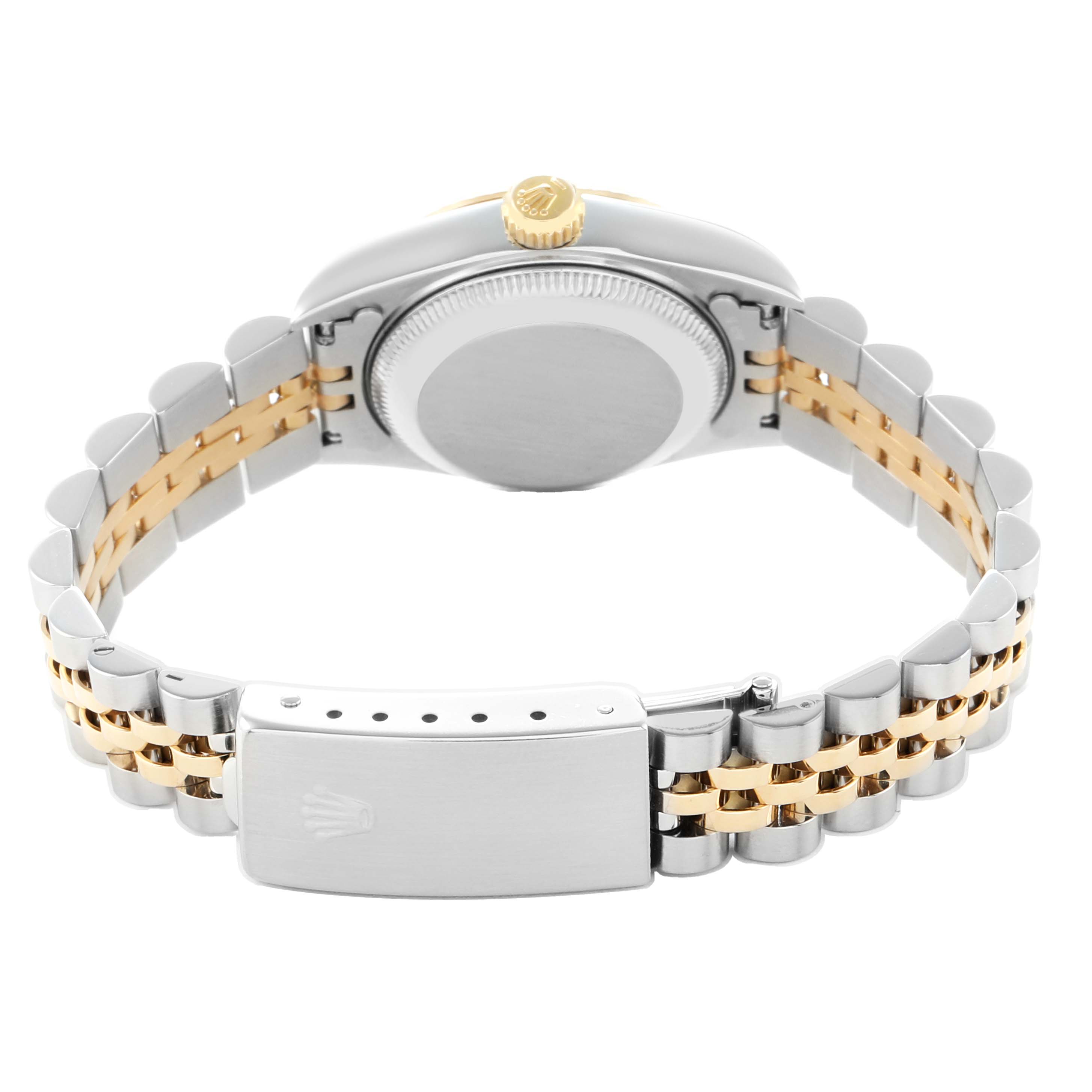 The Rolex Datejust 69173 Women
s Steel and Gold (two tone) White Dial watch is shown from the back, highlighting the case back, two-tone bracelet, and clasp.