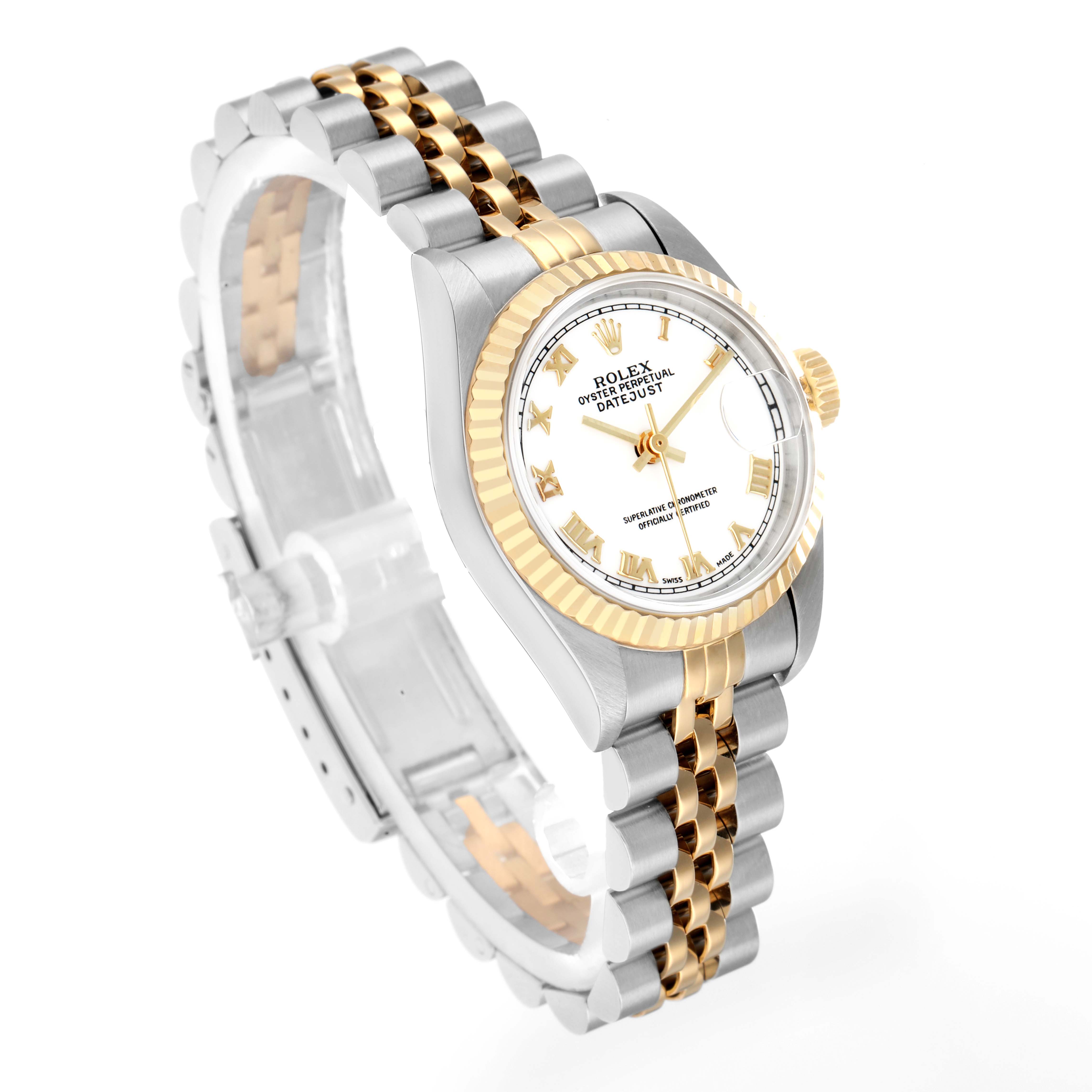 The Rolex Datejust 69173 Women
s Steel and Gold (two tone) White Dial watch is shown at a three-quarter angle, highlighting the face, bezel, and two-tone bracelet.