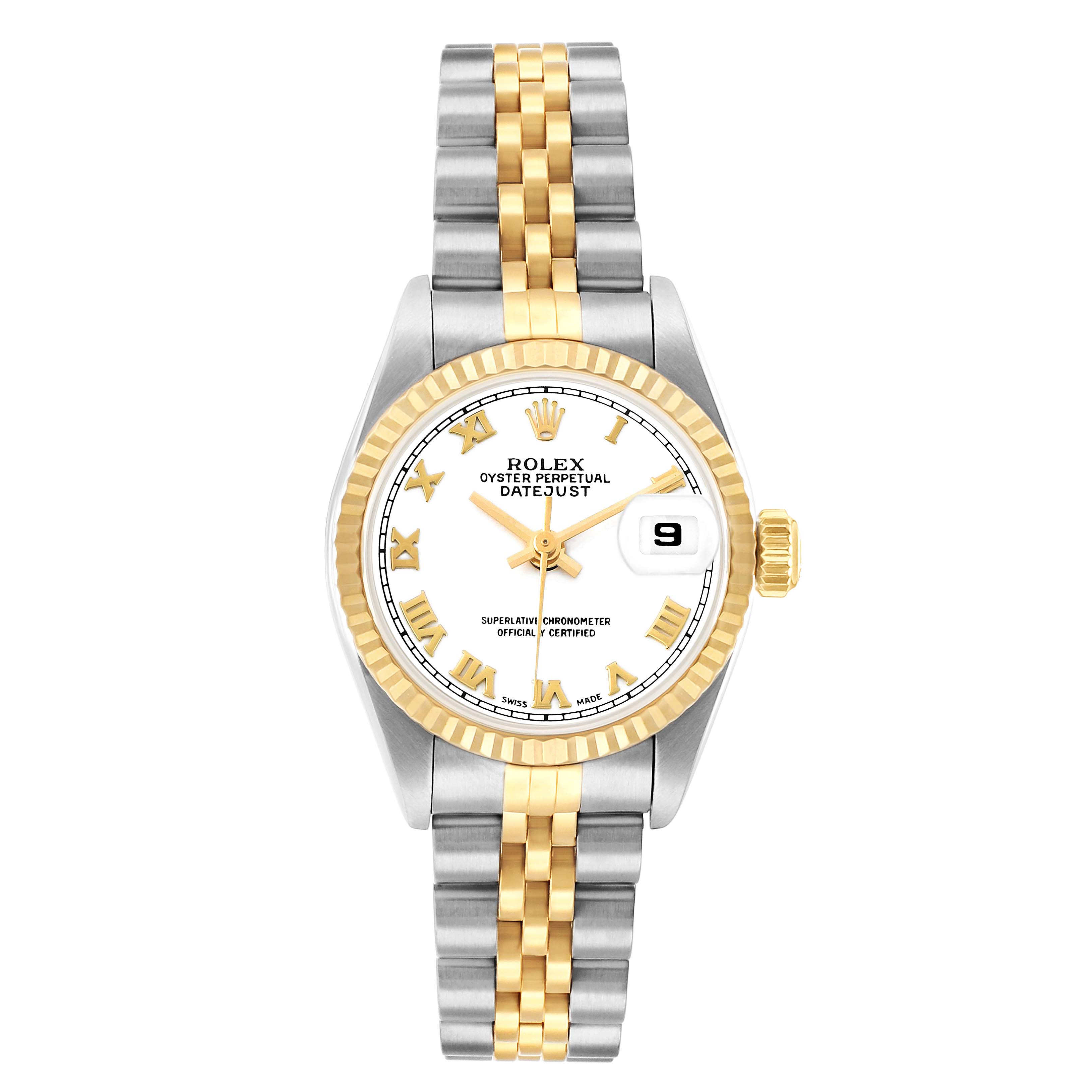 The Rolex Datejust 69173 Women
s Steel and Gold (two tone) White Dial is shown from a top-down angle, revealing the face, bezel, crown, and bracelet.