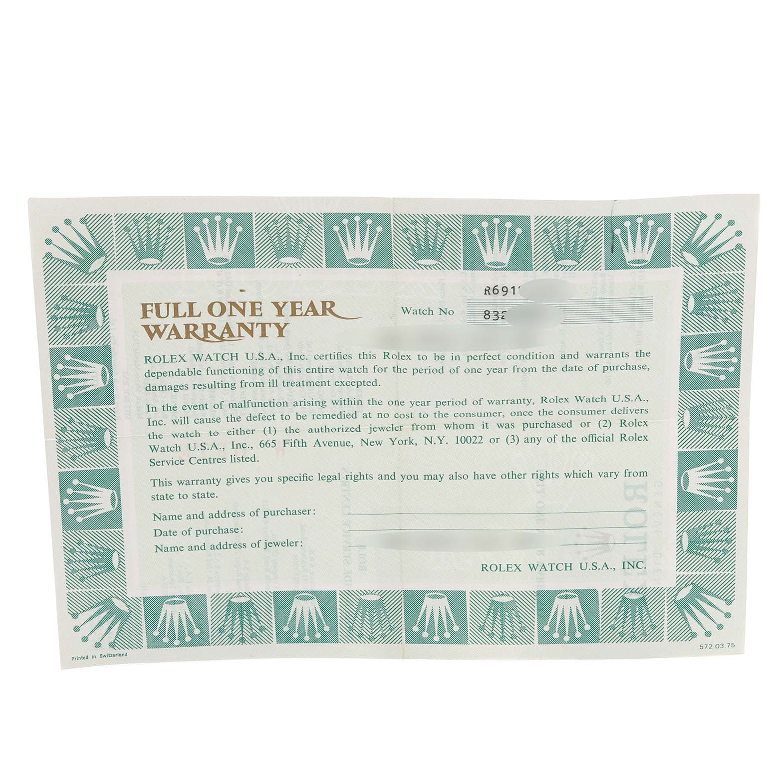 This image shows a warranty card for a Rolex Datejust 69173 Women's Steel and Gold (two tone) Champagne Dial 69173 Women's Steel and Gold (two tone) Champagne Dial watch.