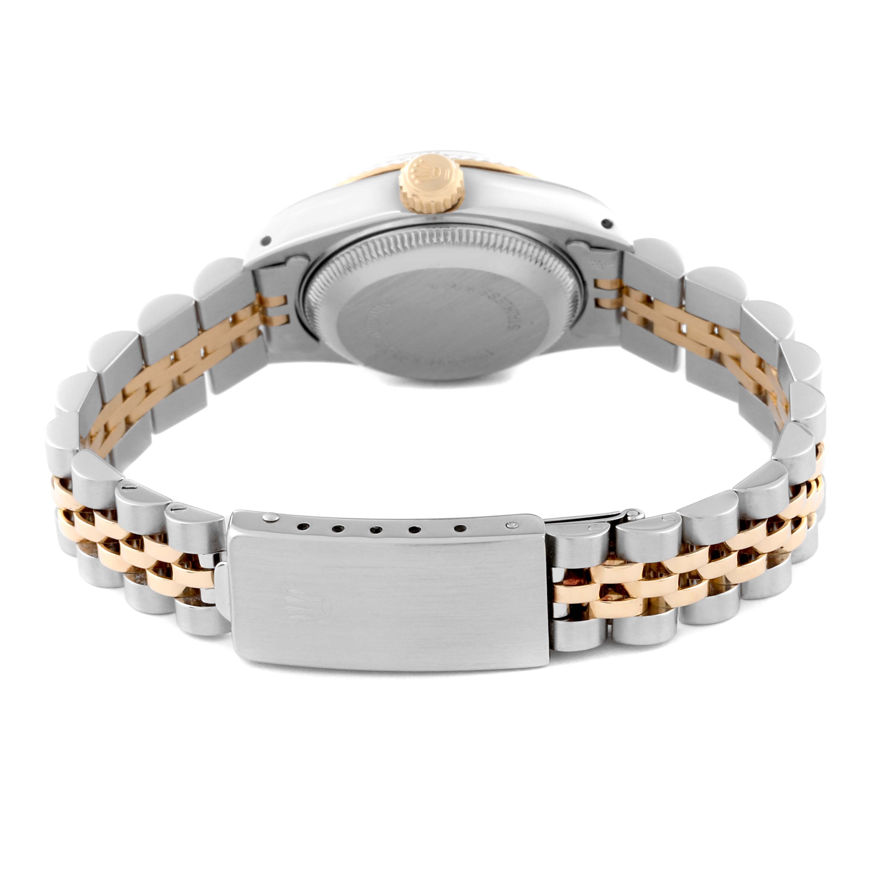 The image shows the back of a Rolex Datejust 69173 Women's Steel and Gold (two tone) Champagne Dial 69173 Women's Steel and Gold (two tone) Champagne Dial, highlighting the clasp and two-tone bracelet.