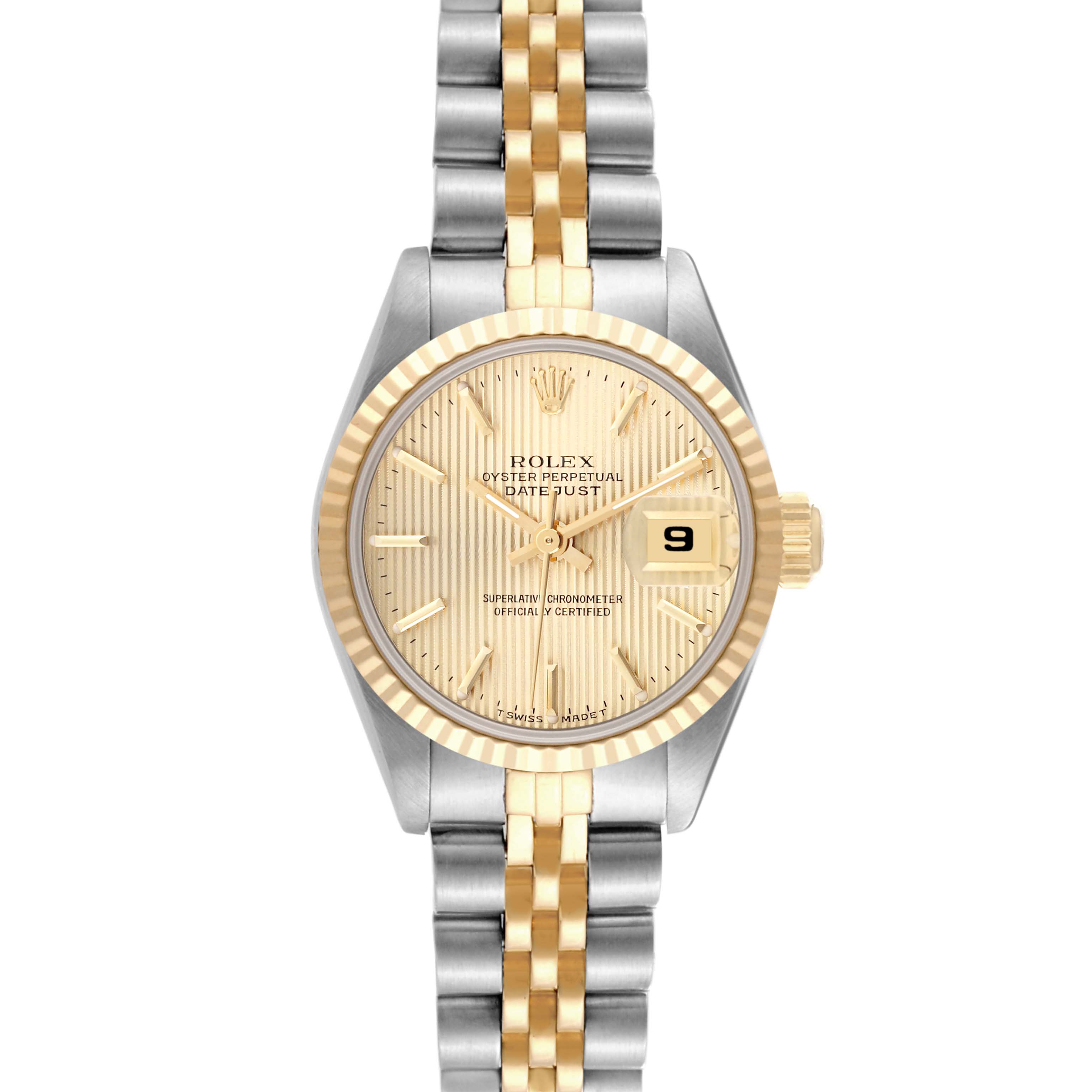 The Rolex Datejust 69173 Women's Steel and Gold (two tone) Champagne Dial 69173 Women's Steel and Gold (two tone) Champagne Dial watch is shown from a front view, displaying the dial, bezel, and Jubilee bracelet.
