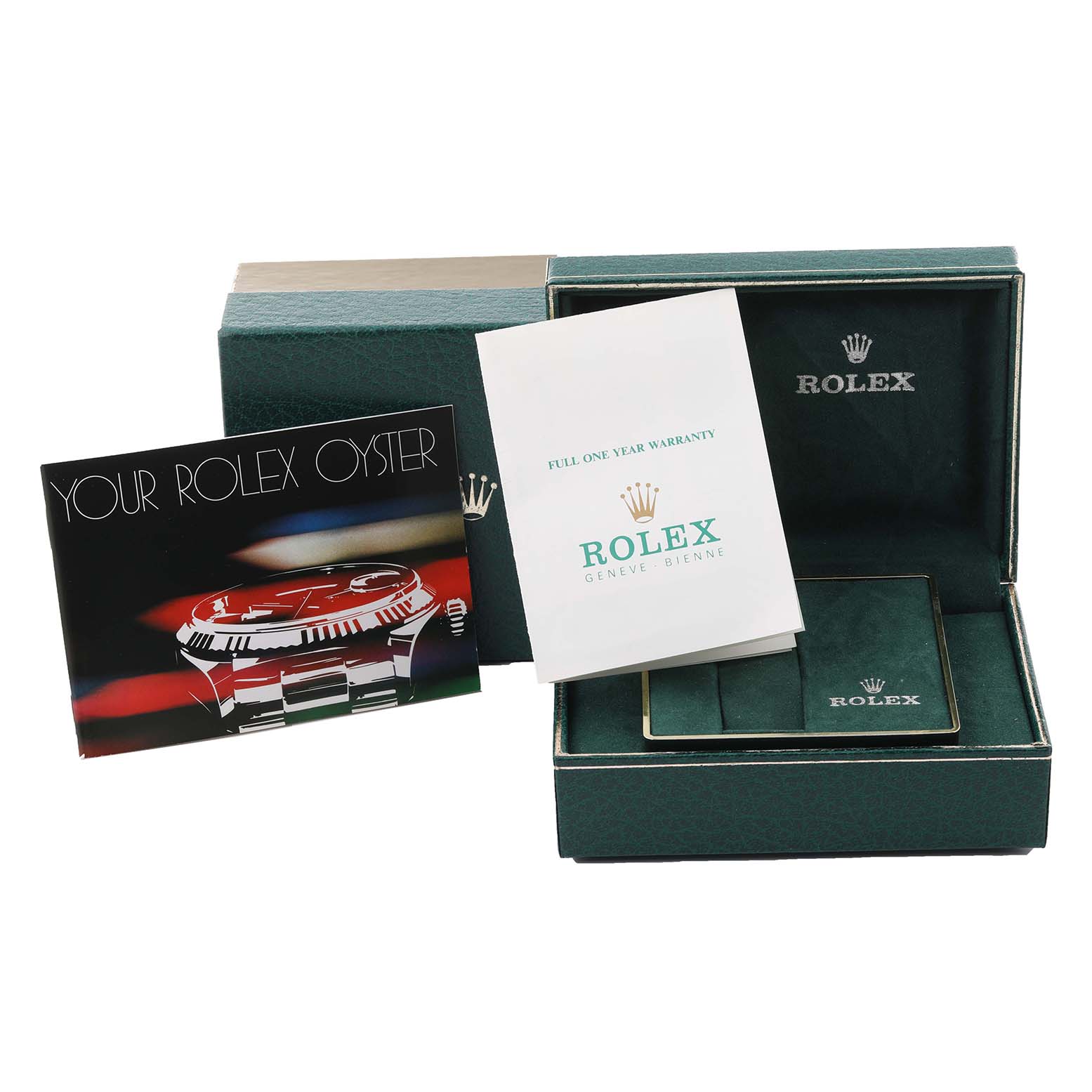 The image shows the packaging and documents for a Rolex Datejust 69173 Women's Steel and Gold (two tone) Champagne Dial 69173 Women's Steel and Gold (two tone) Champagne Dial, including the box and manuals, from a frontal angle.
