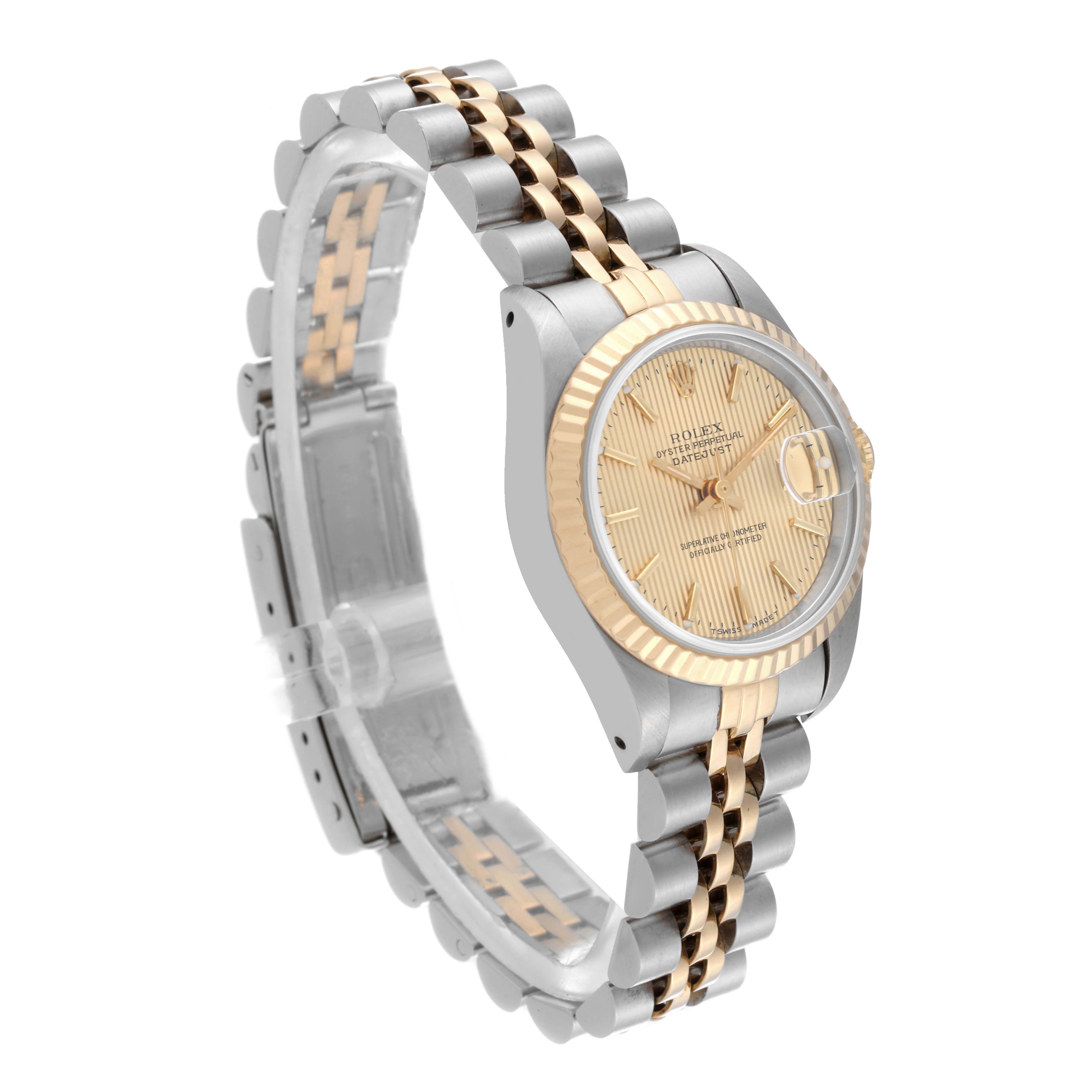 The Rolex Datejust 69173 Women's Steel and Gold (two tone) Champagne Dial 69173 Women's Steel and Gold (two tone) Champagne Dial watch is shown from a three-quarter angle, displaying the dial, case, and Jubilee bracelet.