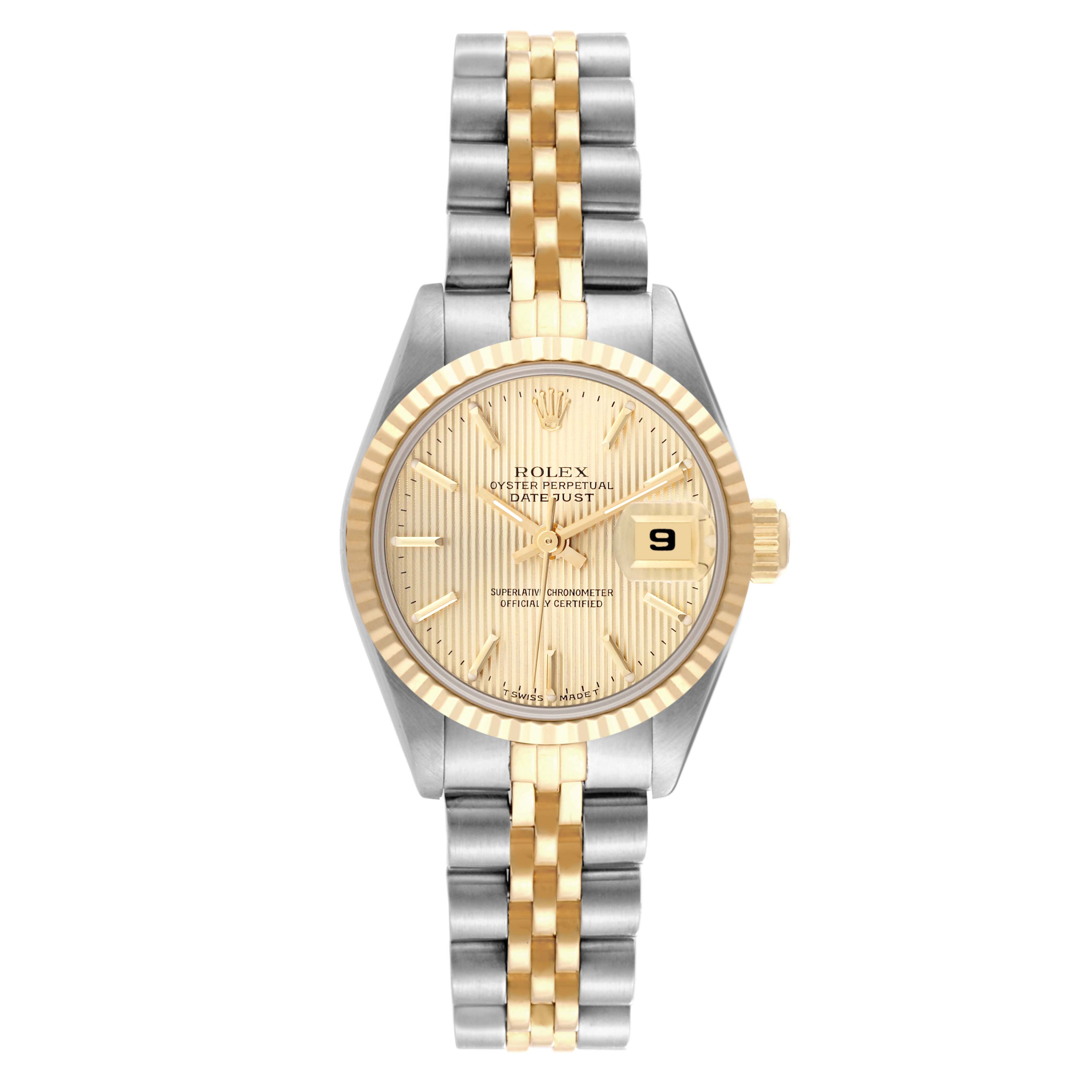 The Rolex Datejust 69173 Women's Steel and Gold (two tone) Champagne Dial 69173 Women's Steel and Gold (two tone) Champagne Dial watch is shown from a front angle, highlighting the dial, bezel, and Jubilee bracelet.