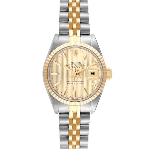 The Rolex Datejust watch is shown from the front, displaying the dial, bezel, and bracelet.