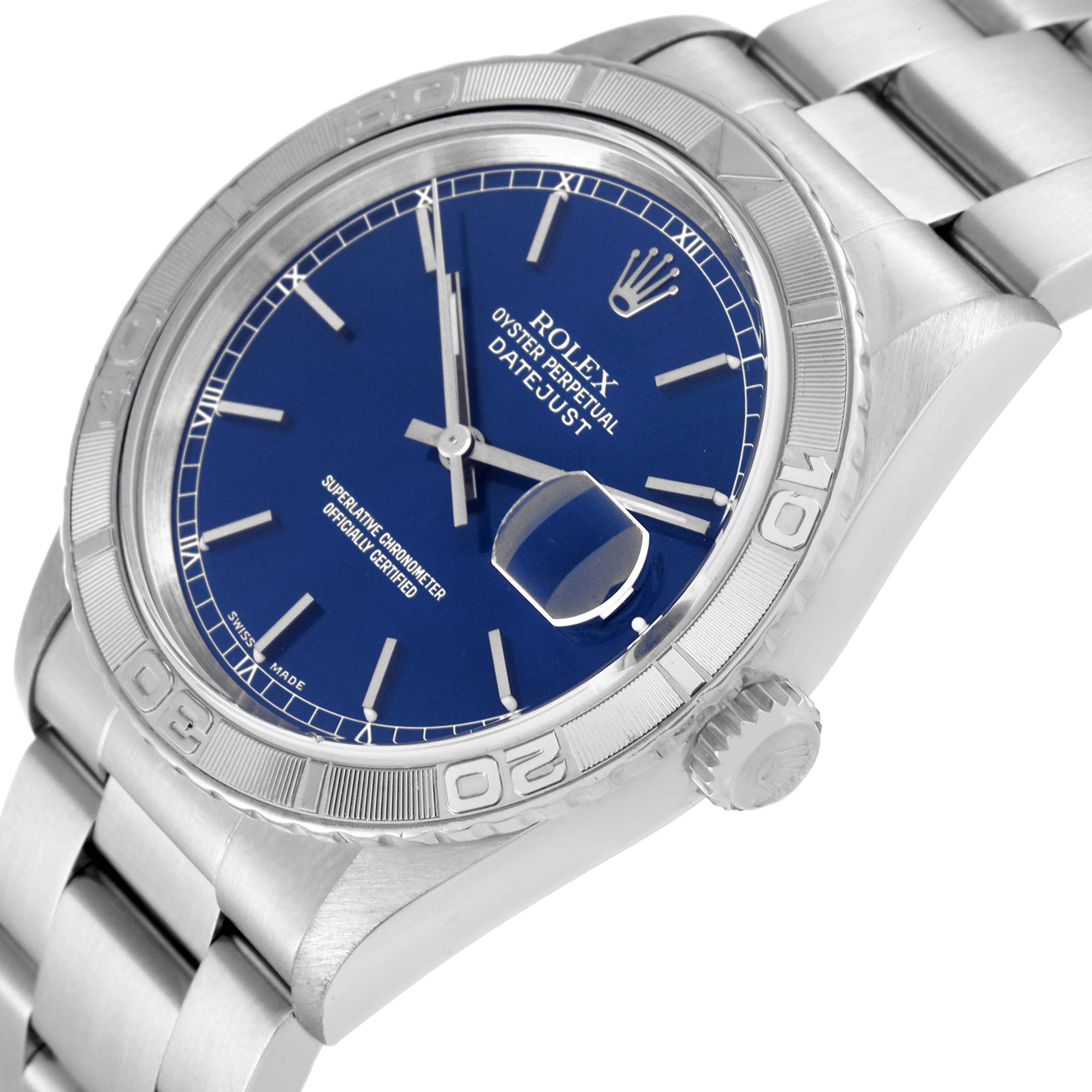The image shows a partial side and front angle of the Rolex Turn-o-Graph 16264 Men
s Stainless Steel Blue Dial 16264 Men
s Stainless Steel Blue Dial, highlighting its blue dial, bezel, and part of the bracelet.