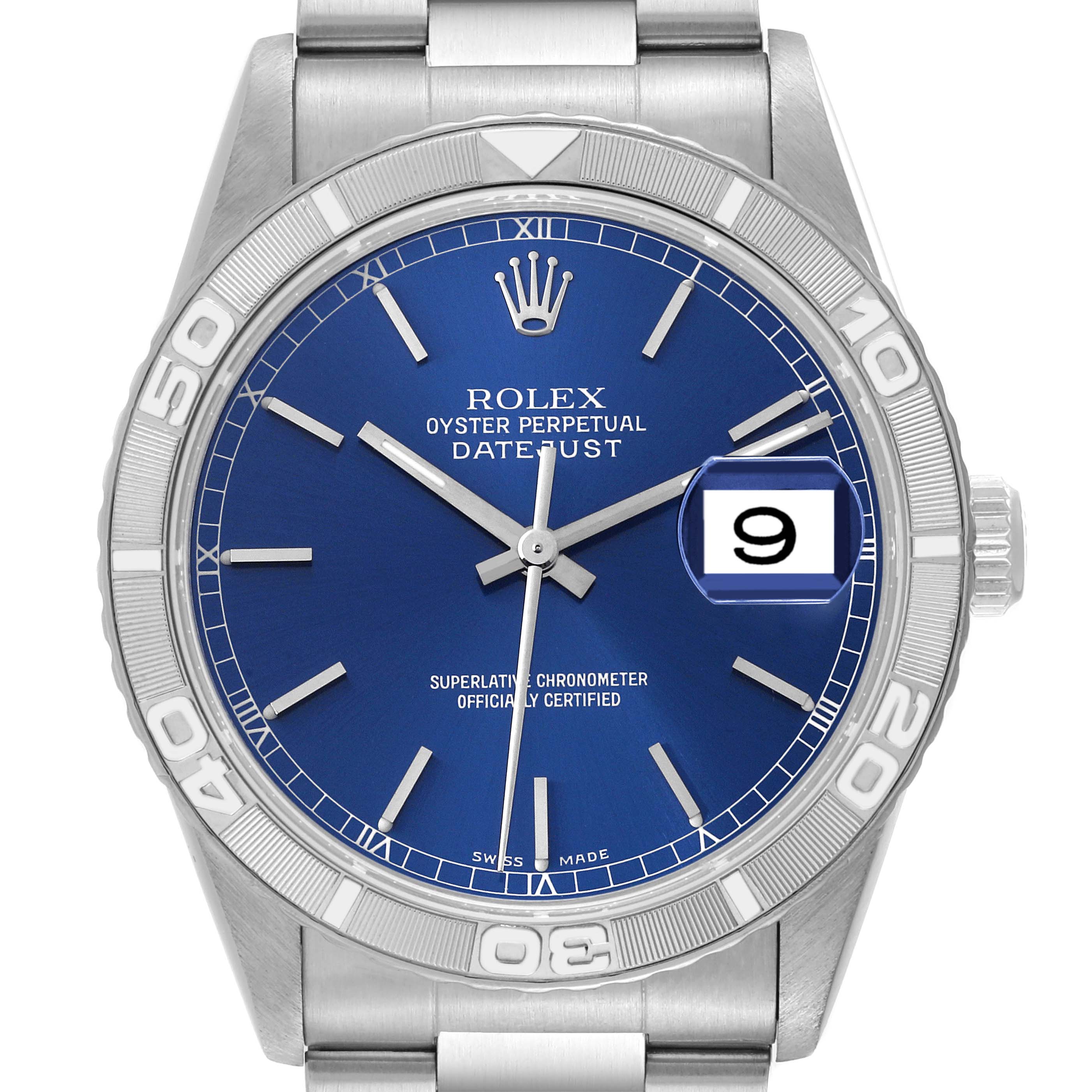 The image shows a frontal view of a Rolex Turn-o-Graph 16264 Men
s Stainless Steel Blue Dial 16264 Men
s Stainless Steel Blue Dial watch, highlighting its blue dial, rotating bezel, date window, and bracelet.