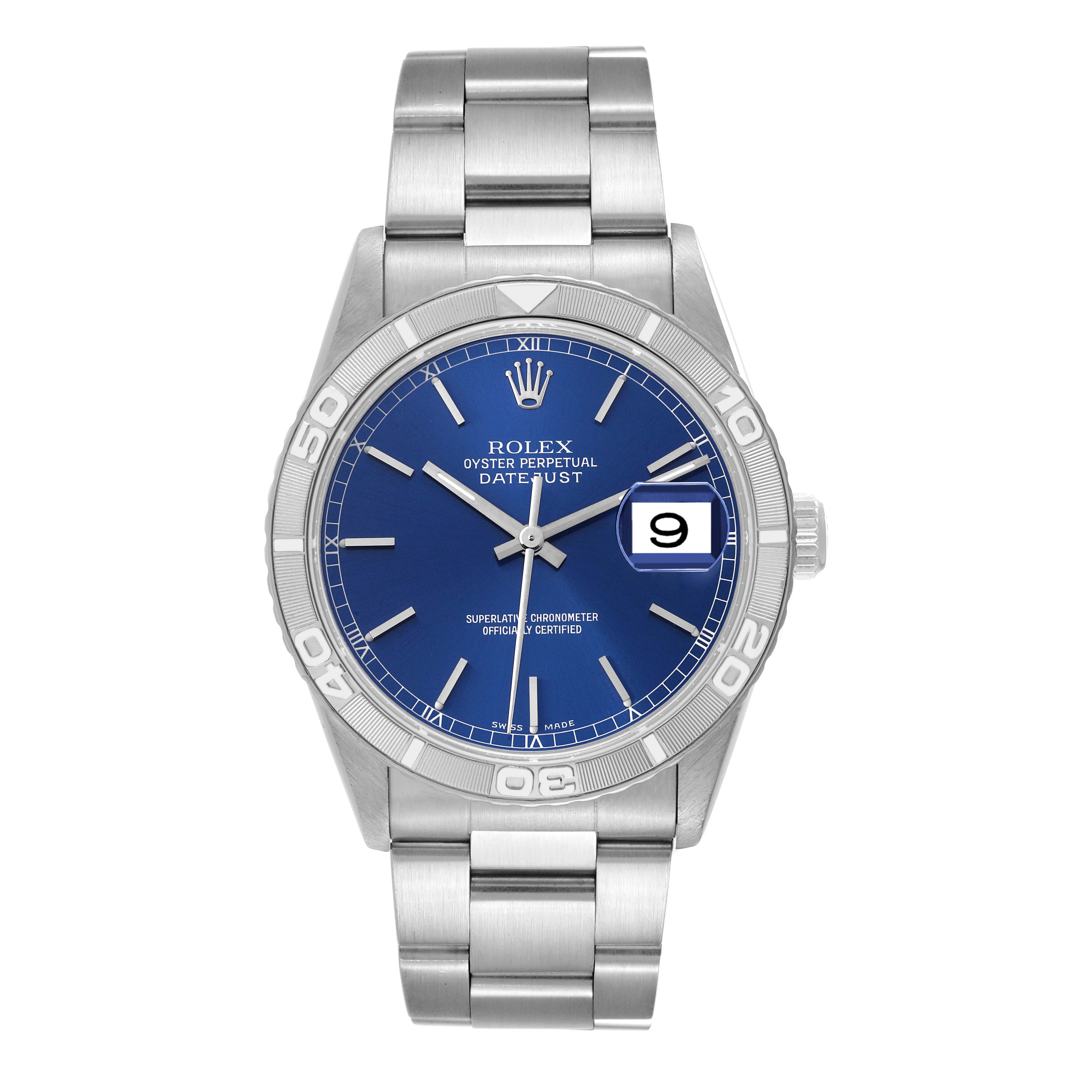 This is a front view of a Rolex Turn-o-Graph 16264 Men
s Stainless Steel Blue Dial 16264 Men
s Stainless Steel Blue Dial Datejust watch, showing the dial, hands, bezel, and bracelet.