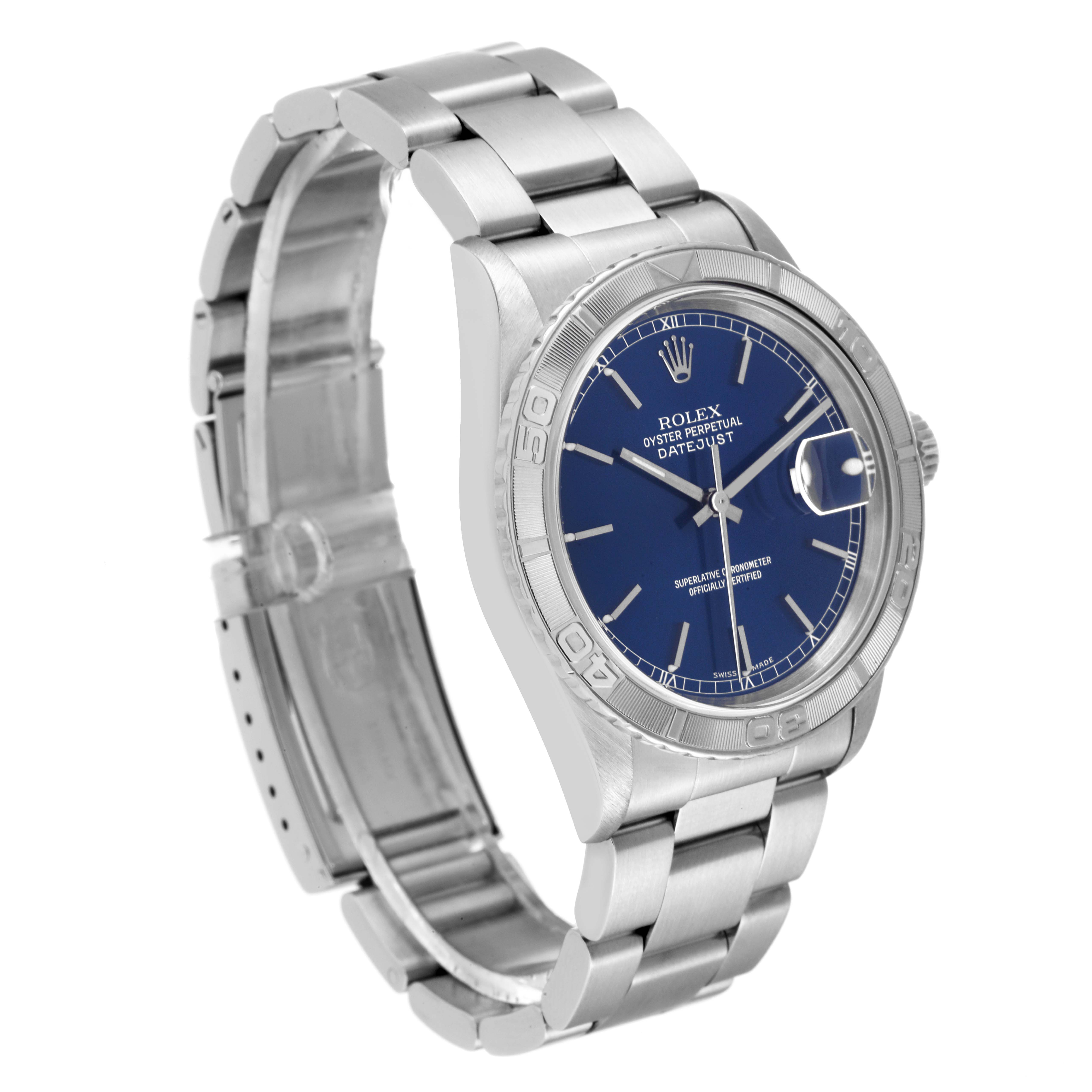 This image shows a side-angle view of a Rolex Turn-o-Graph 16264 Men
s Stainless Steel Blue Dial 16264 Men
s Stainless Steel Blue Dial watch, focusing on the bezel, dial, bracelet, and partly open clasp.