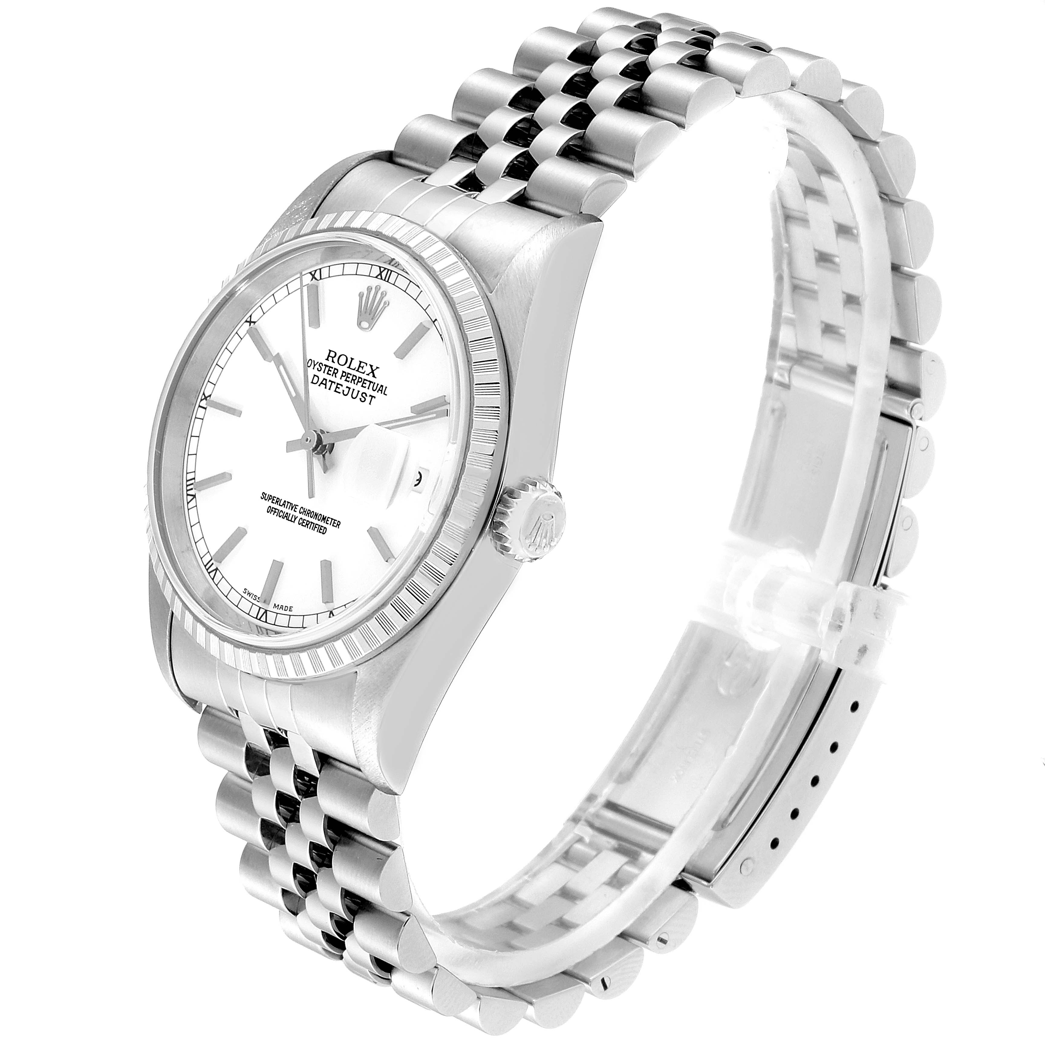 The image shows a side angle of a Rolex Datejust 16220 Men's Stainless Steel White Dial 16220 Men's Stainless Steel White Dial watch displaying the face, bezel, crown, and bracelet.