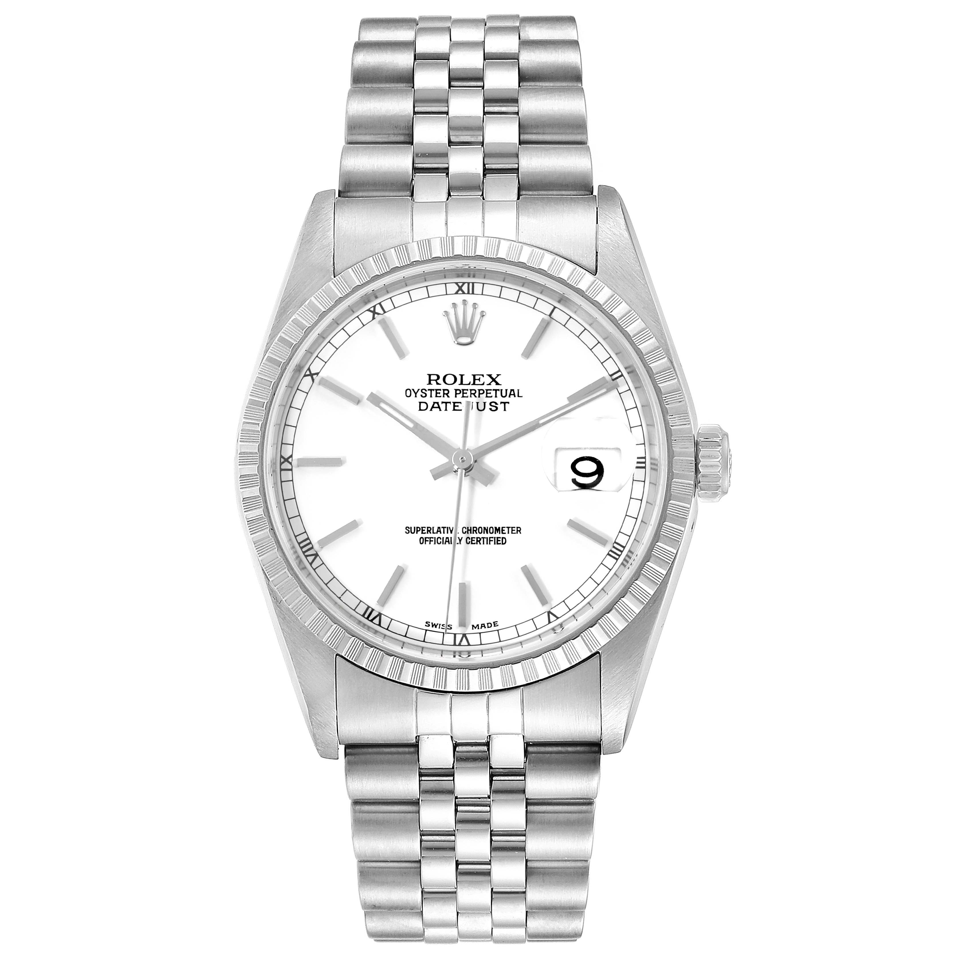 The image shows a front view of a Rolex Datejust 16220 Men's Stainless Steel White Dial 16220 Men's Stainless Steel White Dial watch, highlighting its dial, bezel, and bracelet.