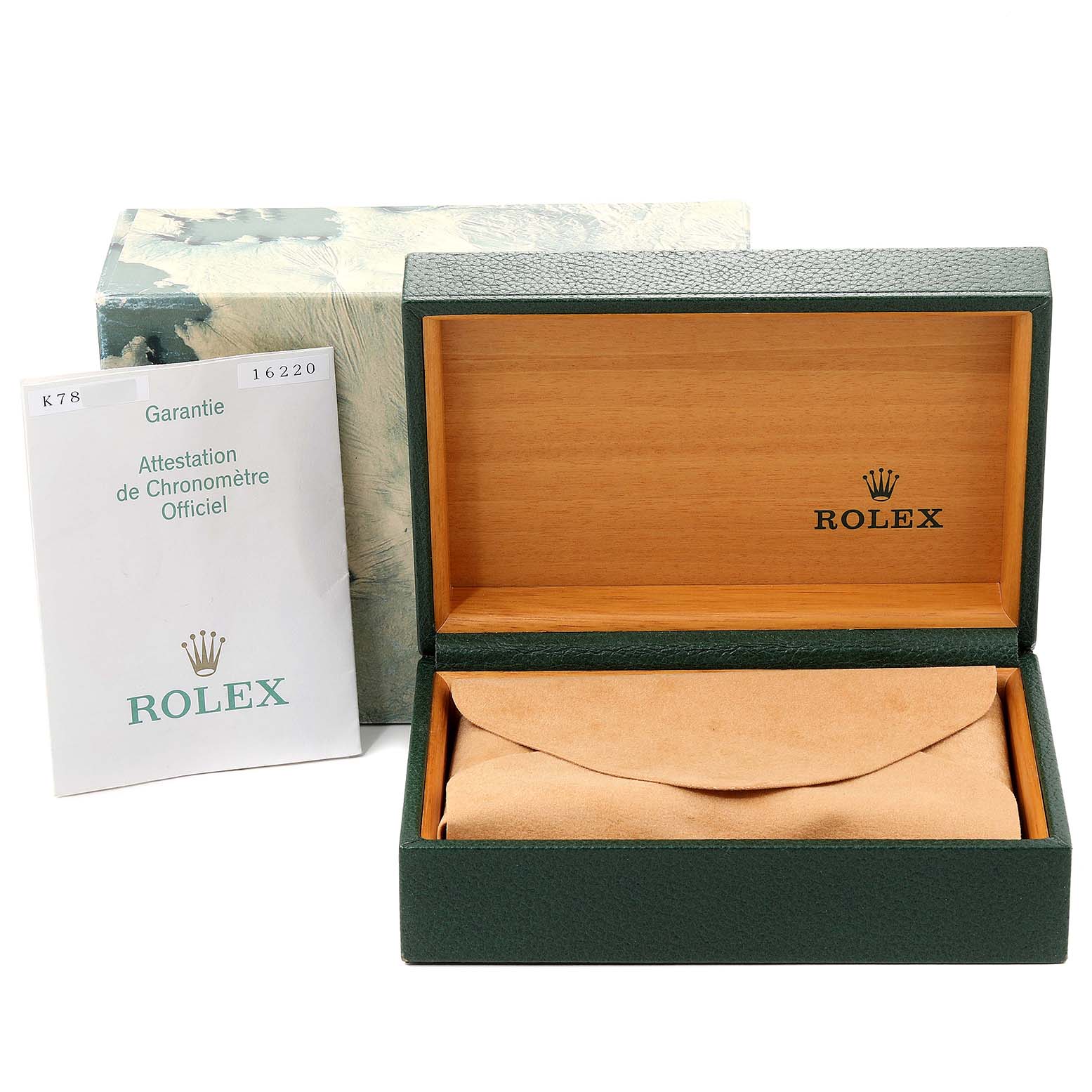 The image shows an open Rolex Datejust 16220 Men's Stainless Steel White Dial 16220 Men's Stainless Steel White Dial watch box, an outer box, and a warranty card.