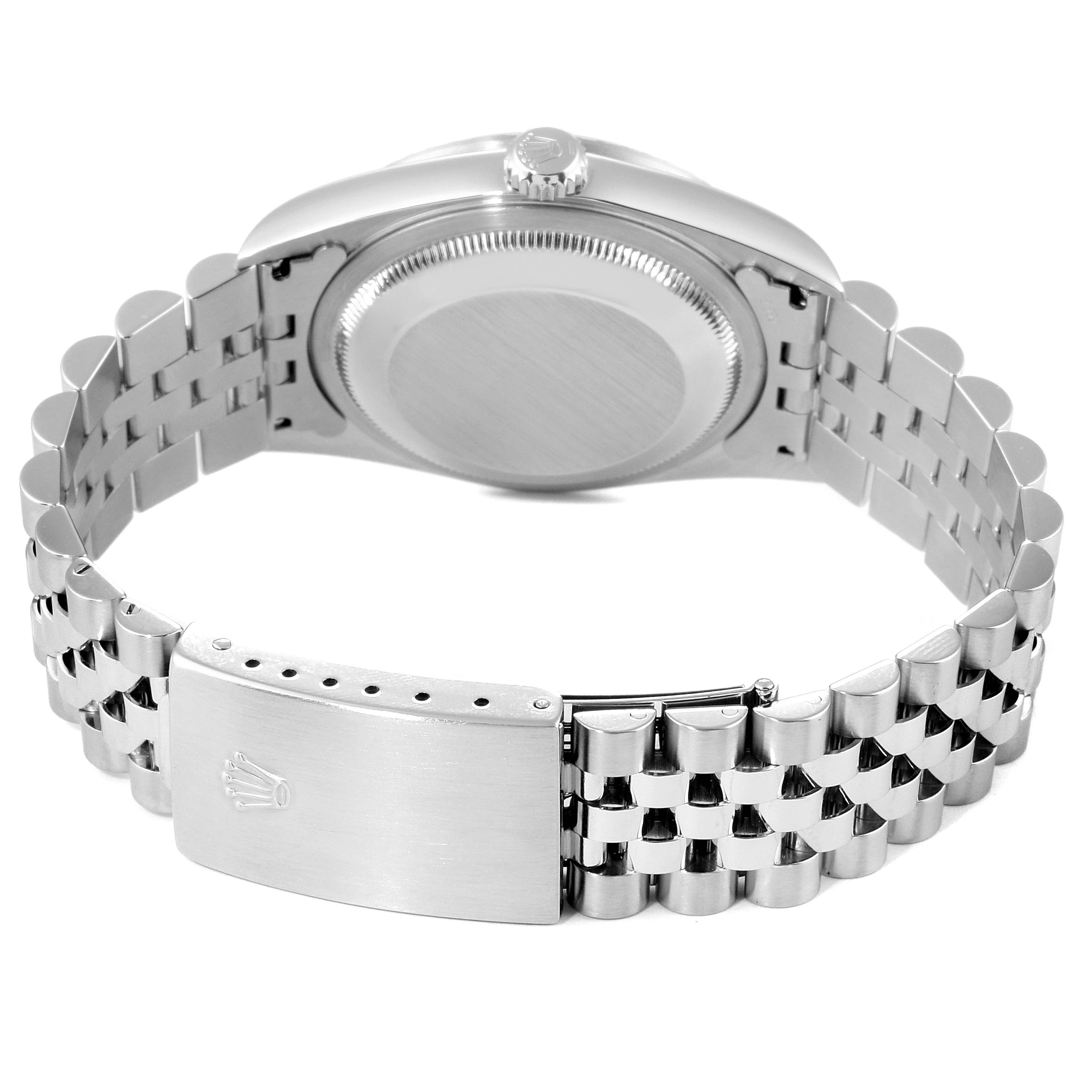 This image shows the back and side of a Rolex Datejust 16220 Men's Stainless Steel White Dial 16220 Men's Stainless Steel White Dial watch, highlighting the case, crown, and bracelet with the clasp.