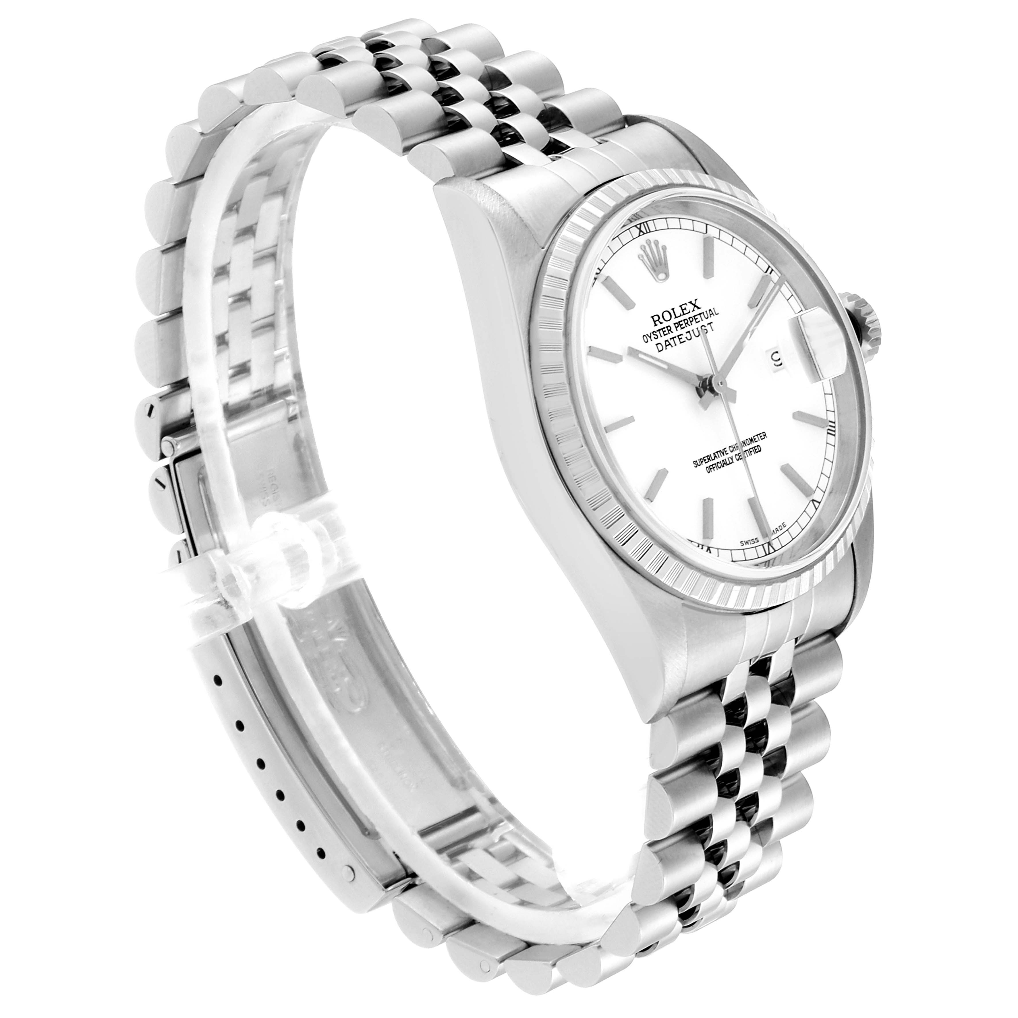 The image shows a side angle of the Rolex Datejust 16220 Men's Stainless Steel White Dial 16220 Men's Stainless Steel White Dial watch, highlighting the face, bezel, and bracelet.