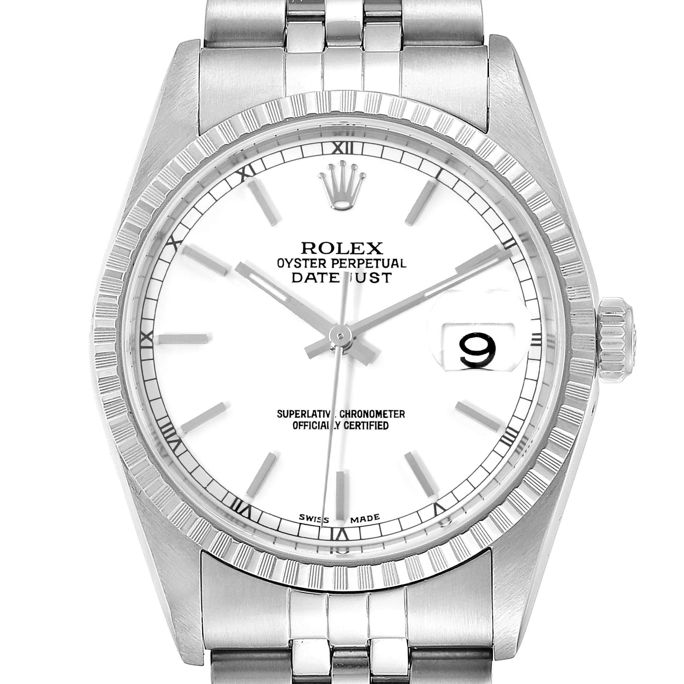 This image shows a front view of a Rolex Datejust 16220 Men's Stainless Steel White Dial 16220 Men's Stainless Steel White Dial watch, displaying the dial, hands, date window, bezel, and part of the bracelet.